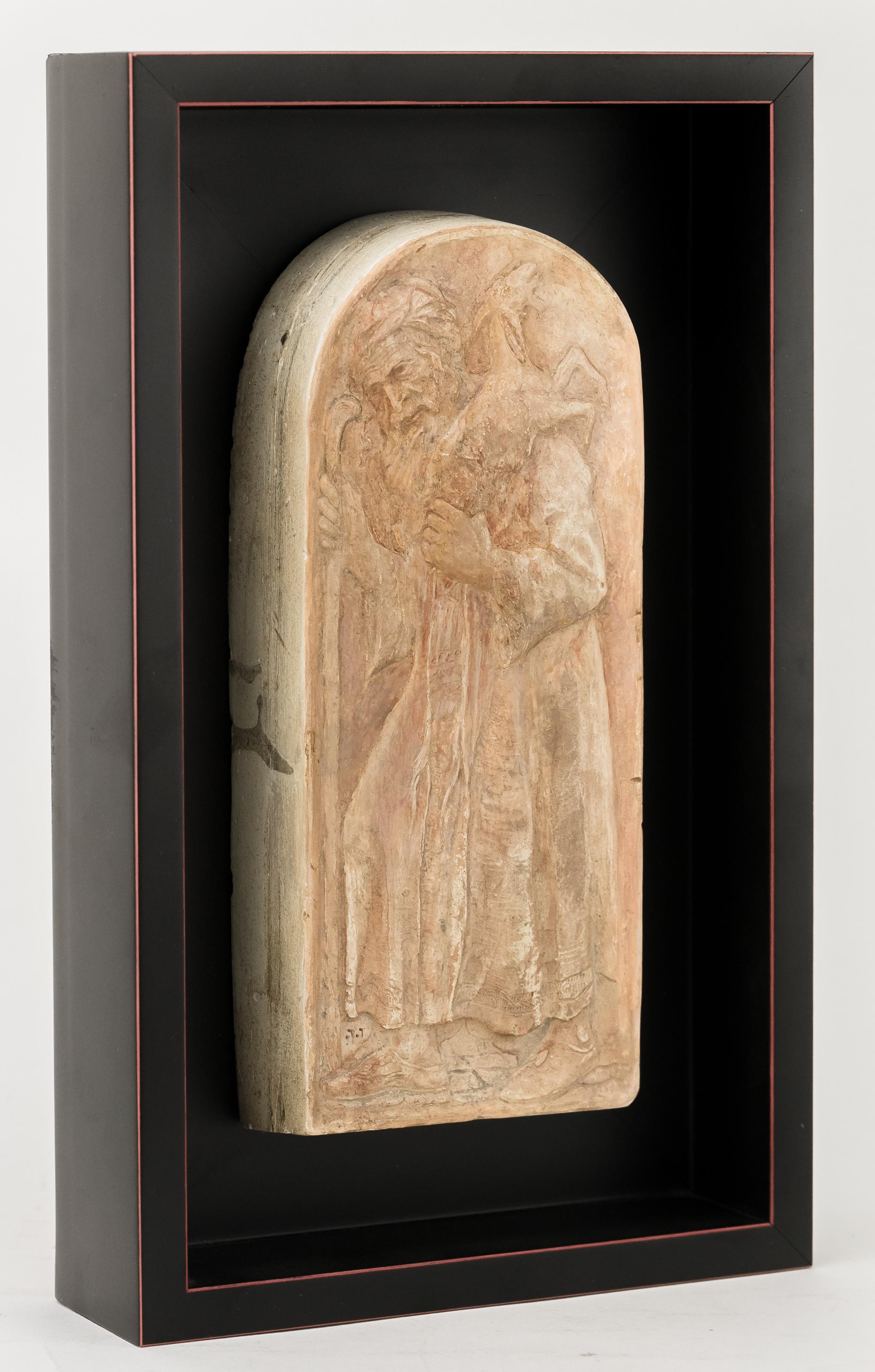 Ze’ev Raban plaster -plaque made in Bezalel School, Jerusalem
This image is of the “father who bought the goat for two zuzim”. Designed by Ze’ev Raban, made circa 1915-1920. Signed with the Hebrew initials “Z.R.”. 
This plaque depicts a scene from