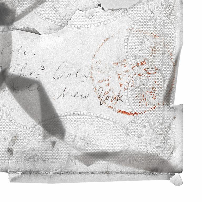 Color still life scanography photograph of a letter to Miss Mary Cole (daughter of Thomas Cole) on a simple white background
