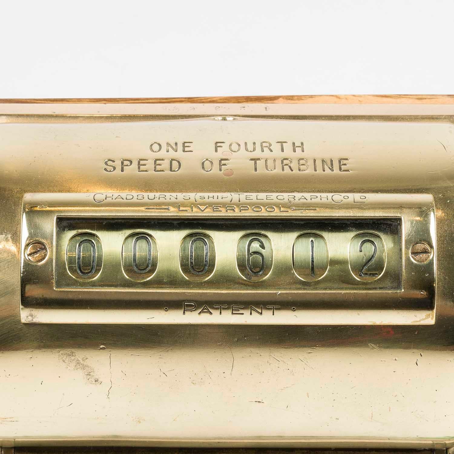 Chadburn’s patent engine revolution counter,.

Marked:

ONE FOURTH SPEED OF TURBINE

CHADBURN'S (SHIP) TELEGRAPH Co Ld

- LIVERPOOL-

· PATENT ·

4296

  

Chadburn's (Ship) Telegraph Company Ltd of Telegraph Works, Waterloo Road, Liverpool.

The