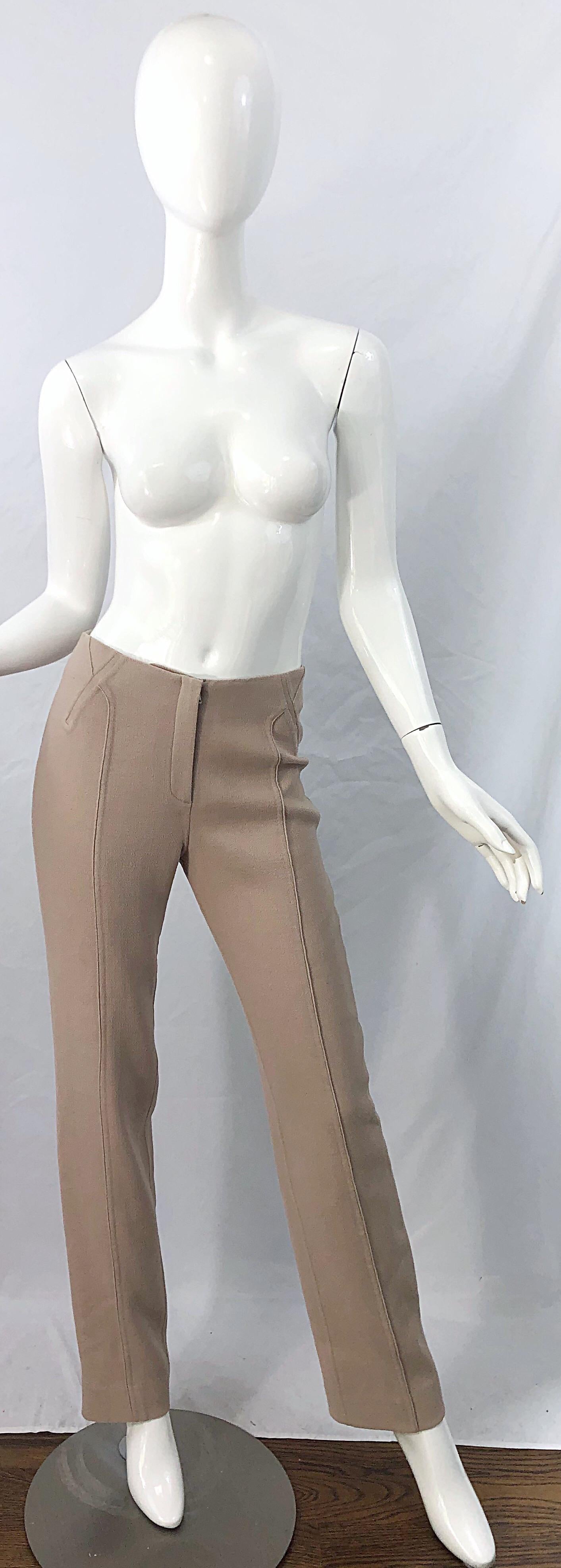 Timeless vintage late 90s CHADO RALPH RUCCI beige / khaki high waisted slim fit wool trousers ! Rucci fans are very aware of his heavy attention to details and architectural construction. These slim fit pants are high waisted, and have embroidered