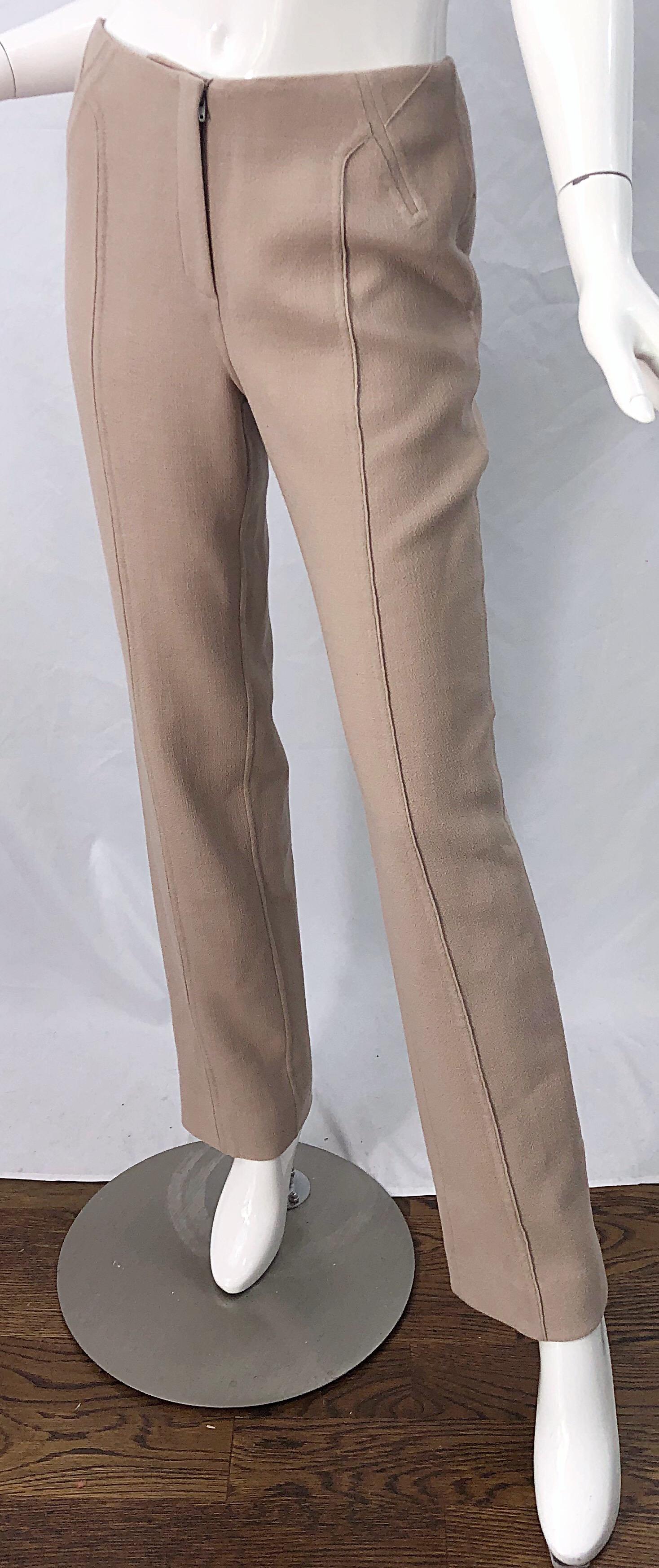 Chado Ralph Rucci 1990s Tan Khaki High Rise Slim Tailored Fit Trosuers 90s Pants In Excellent Condition For Sale In San Diego, CA