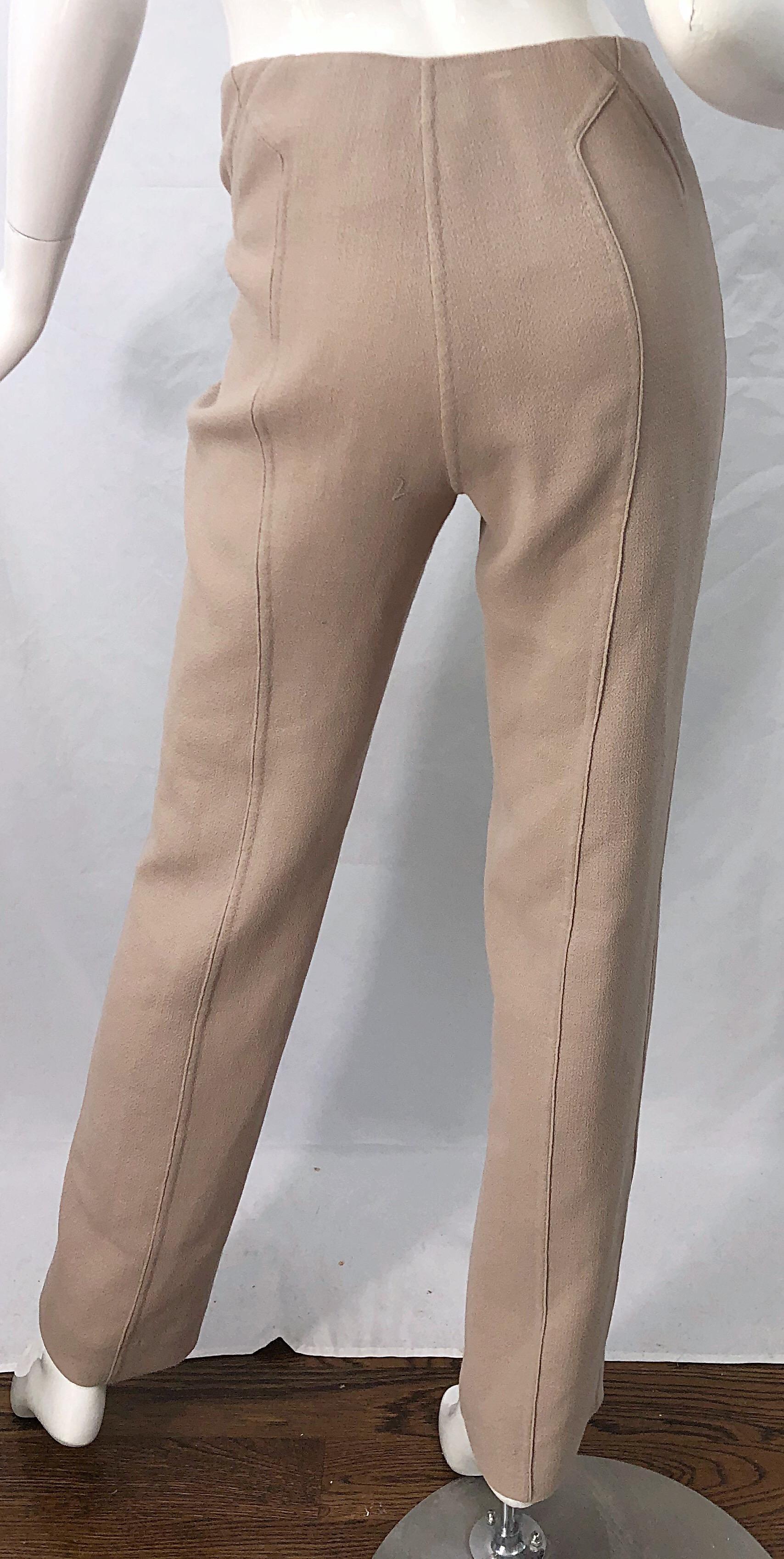 Women's Chado Ralph Rucci 1990s Tan Khaki High Rise Slim Tailored Fit Trosuers 90s Pants For Sale