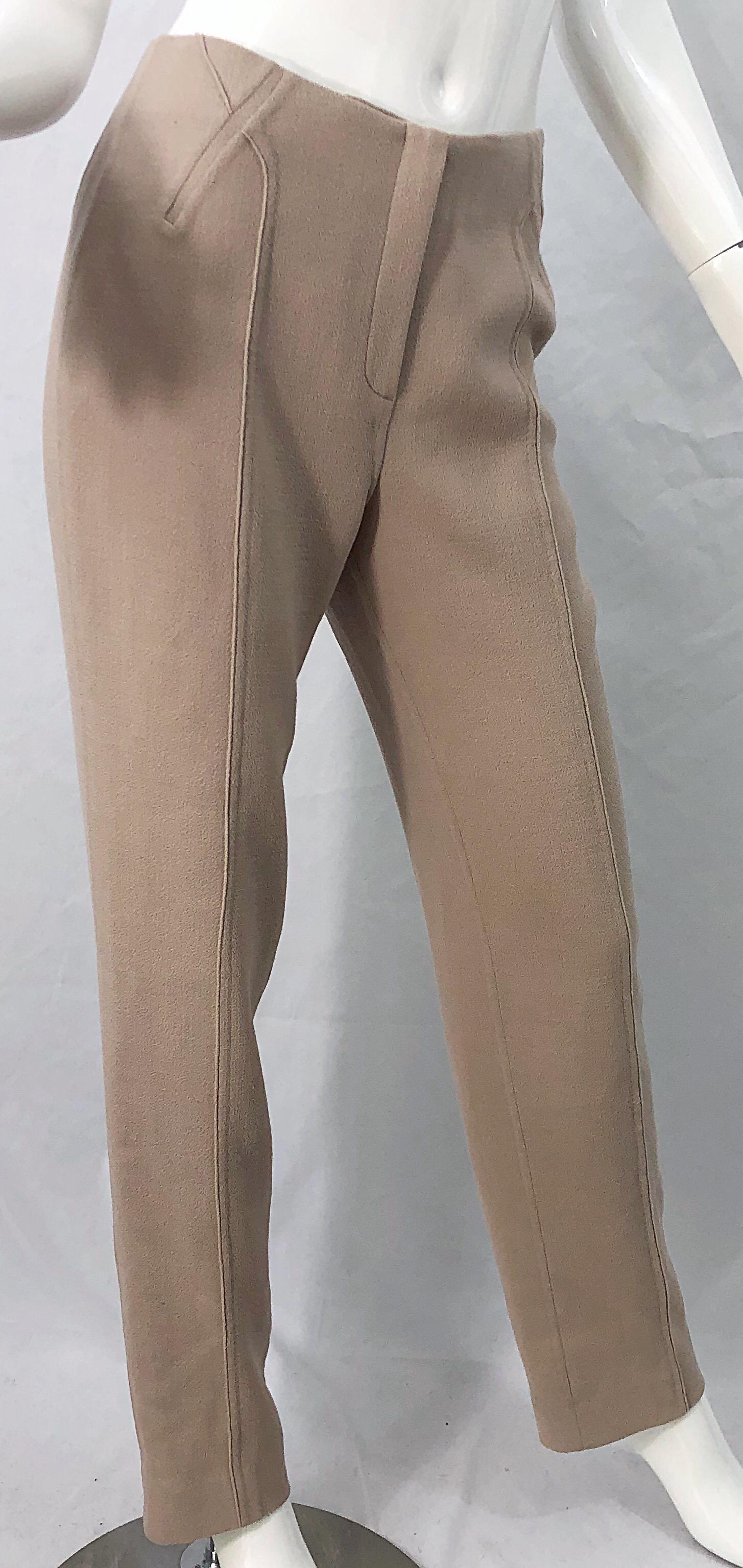 Chado Ralph Rucci 1990s Tan Khaki High Rise Slim Tailored Fit Trosuers 90s Pants For Sale 1