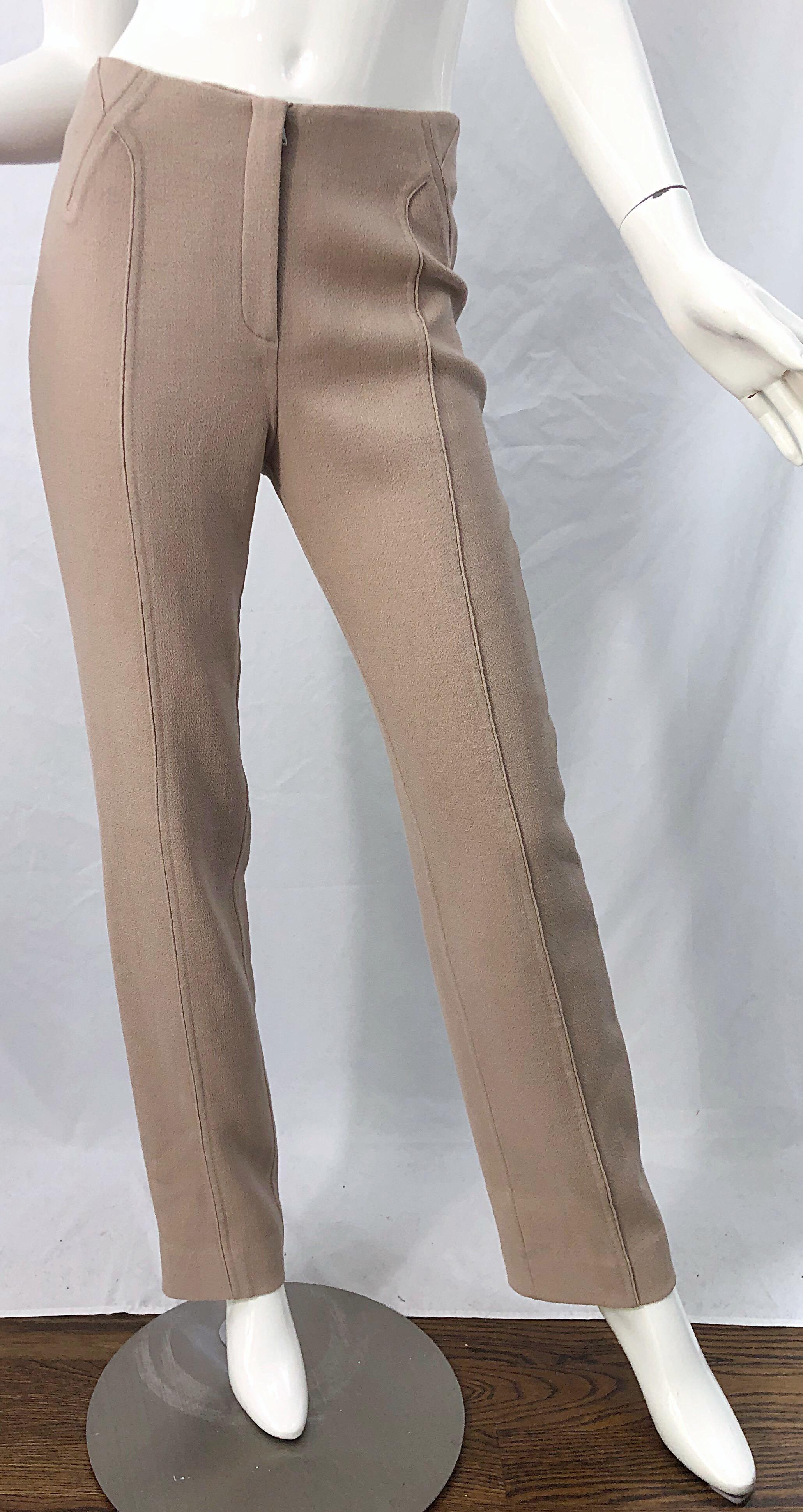 Chado Ralph Rucci 1990s Tan Khaki High Rise Slim Tailored Fit Trosuers 90s Pants For Sale 2