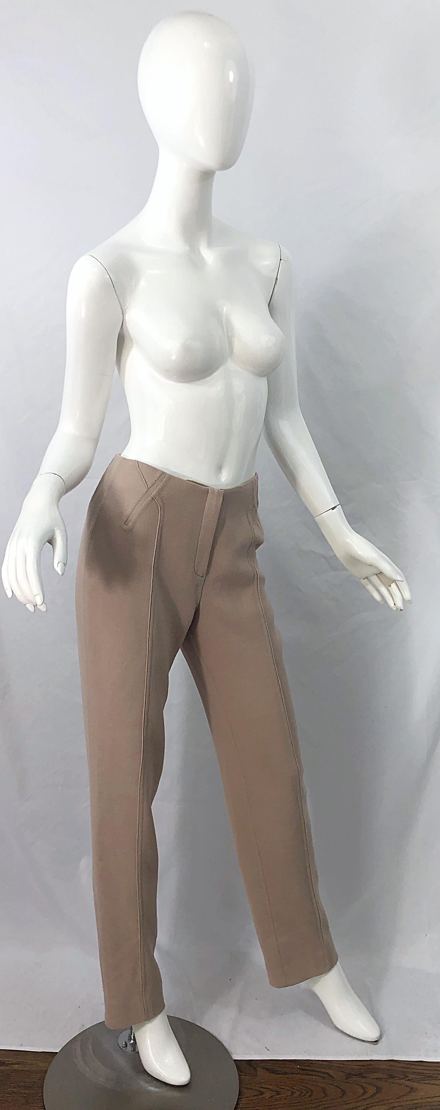 Chado Ralph Rucci 1990s Tan Khaki High Rise Slim Tailored Fit Trosuers 90s Pants For Sale 3