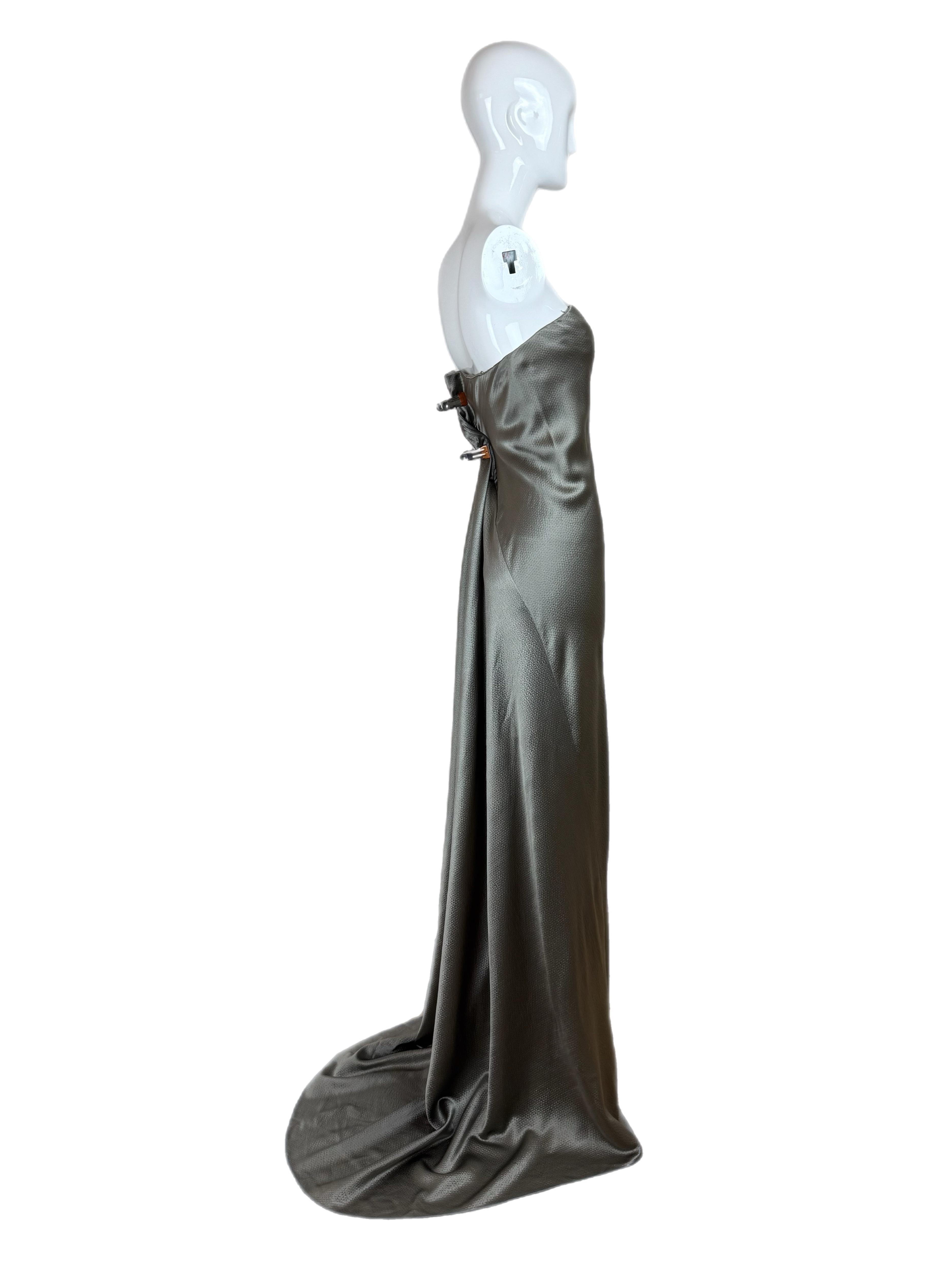 Chado Ralph Rucci 2000, abito da sera vintage in seta peltro, maxi vestito in vendita 3
