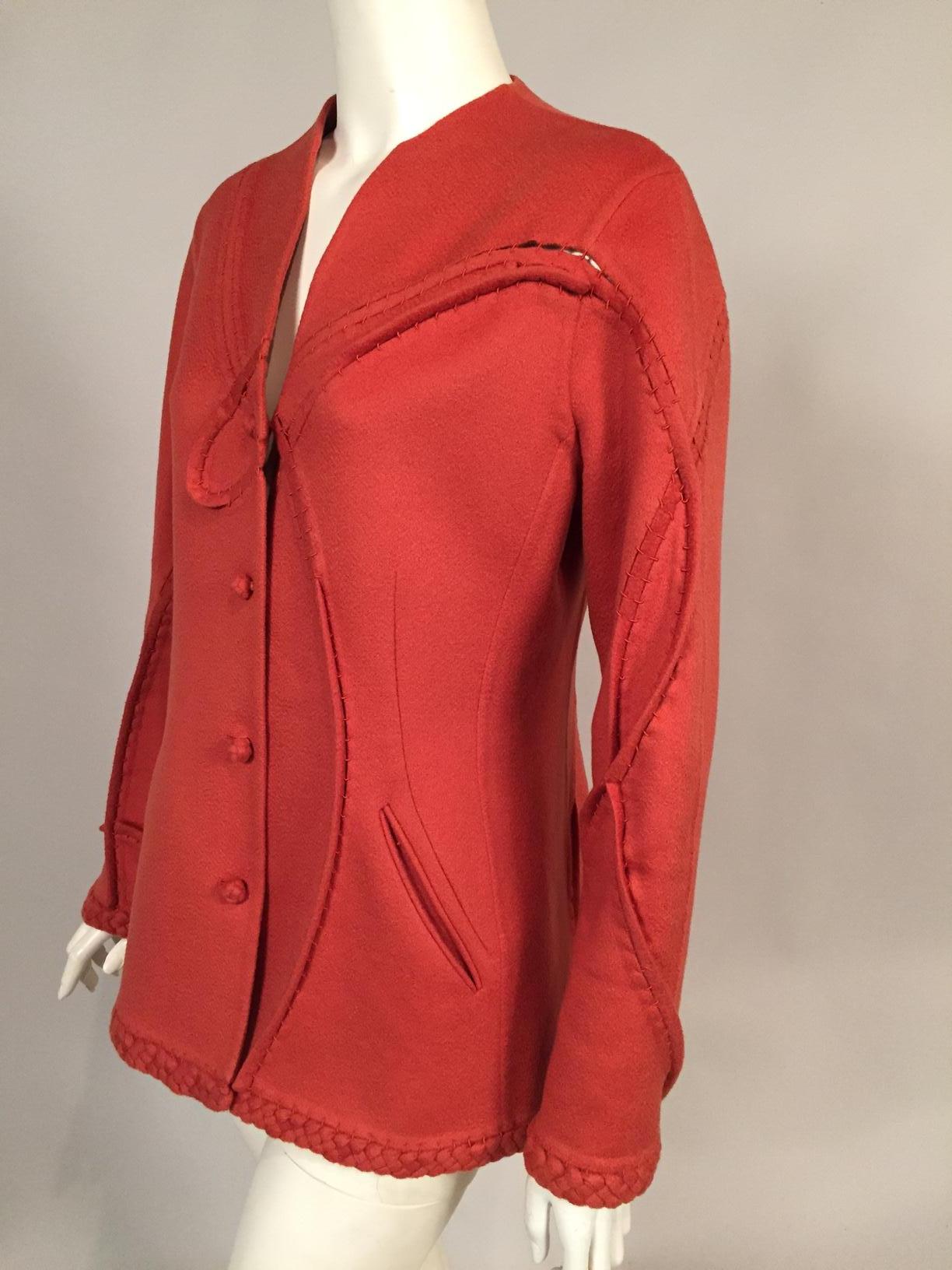 Red Chado Ralph Rucci Coral Cashmere Jacket Intricate Hand Finished Open Seams