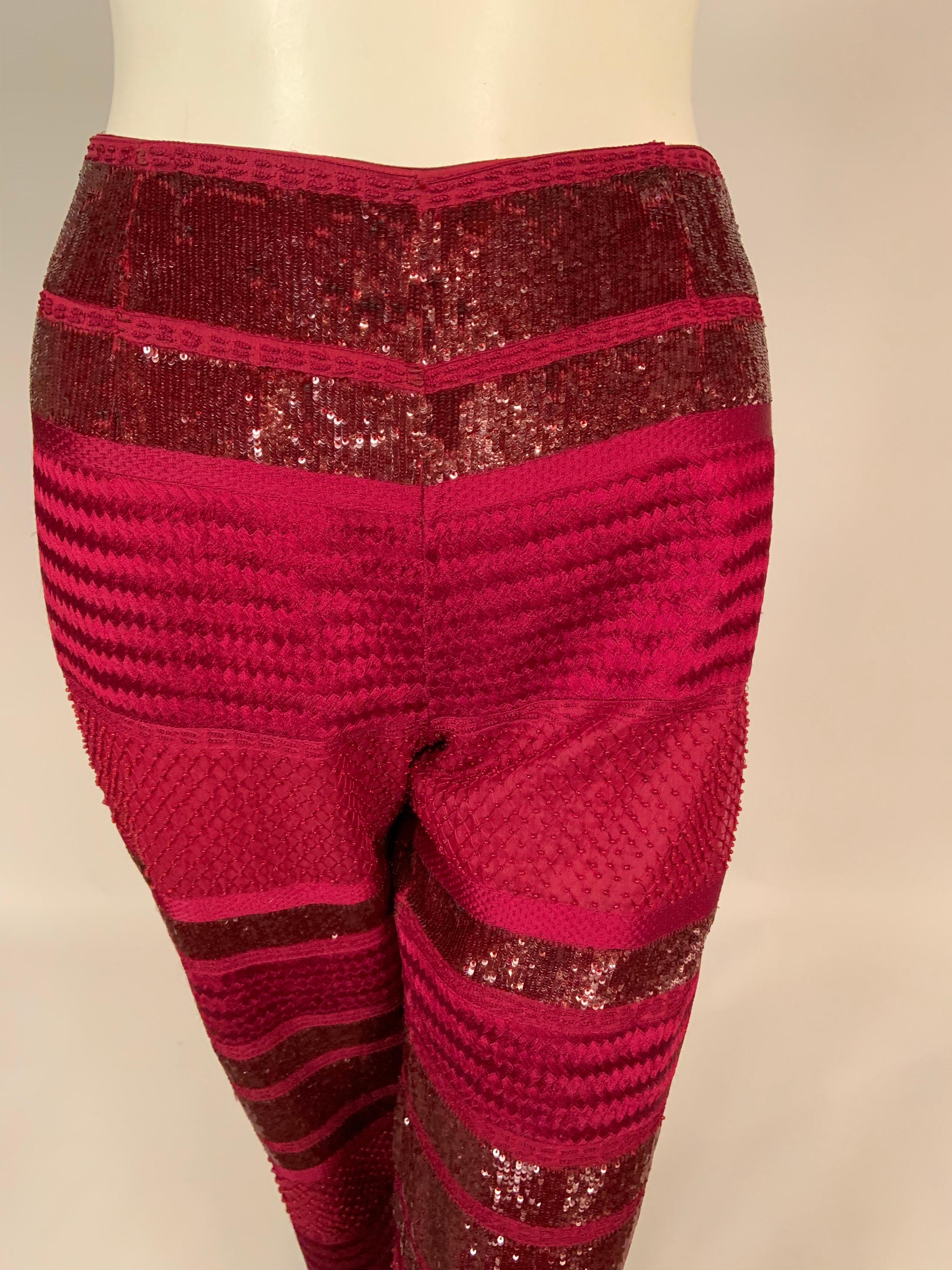 Chado, Ralph Rucci Cranberry Red Beaded and Woven Silk Pants In Excellent Condition For Sale In New Hope, PA