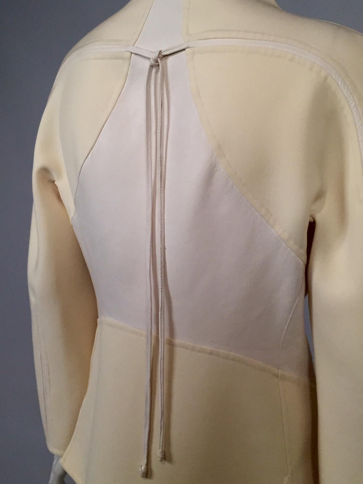 Chado Ralph Rucci Cream Wool Jacket with Pieced White Leather Panels  7