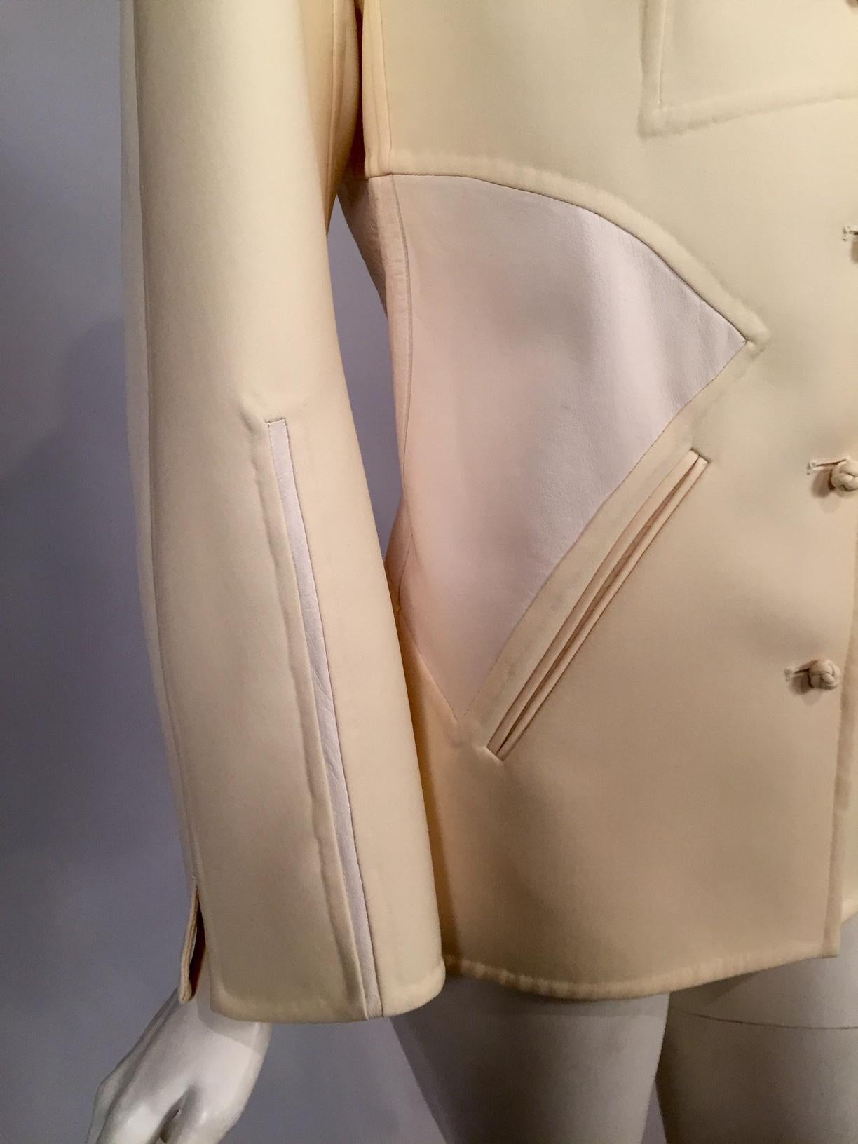 Chado Ralph Rucci Cream Wool Jacket with Pieced White Leather Panels  1