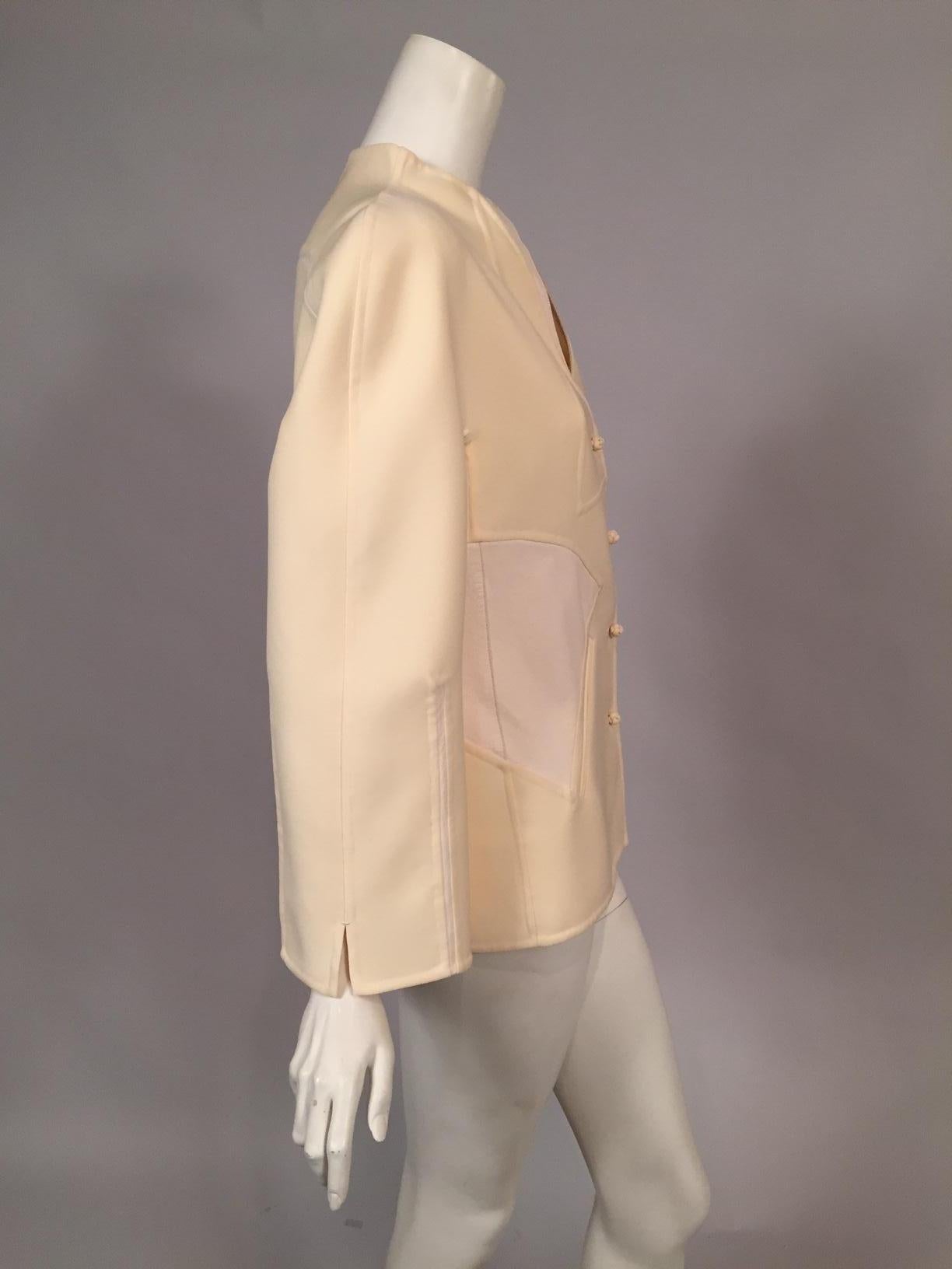 Chado Ralph Rucci Cream Wool Jacket with Pieced White Leather Panels  2