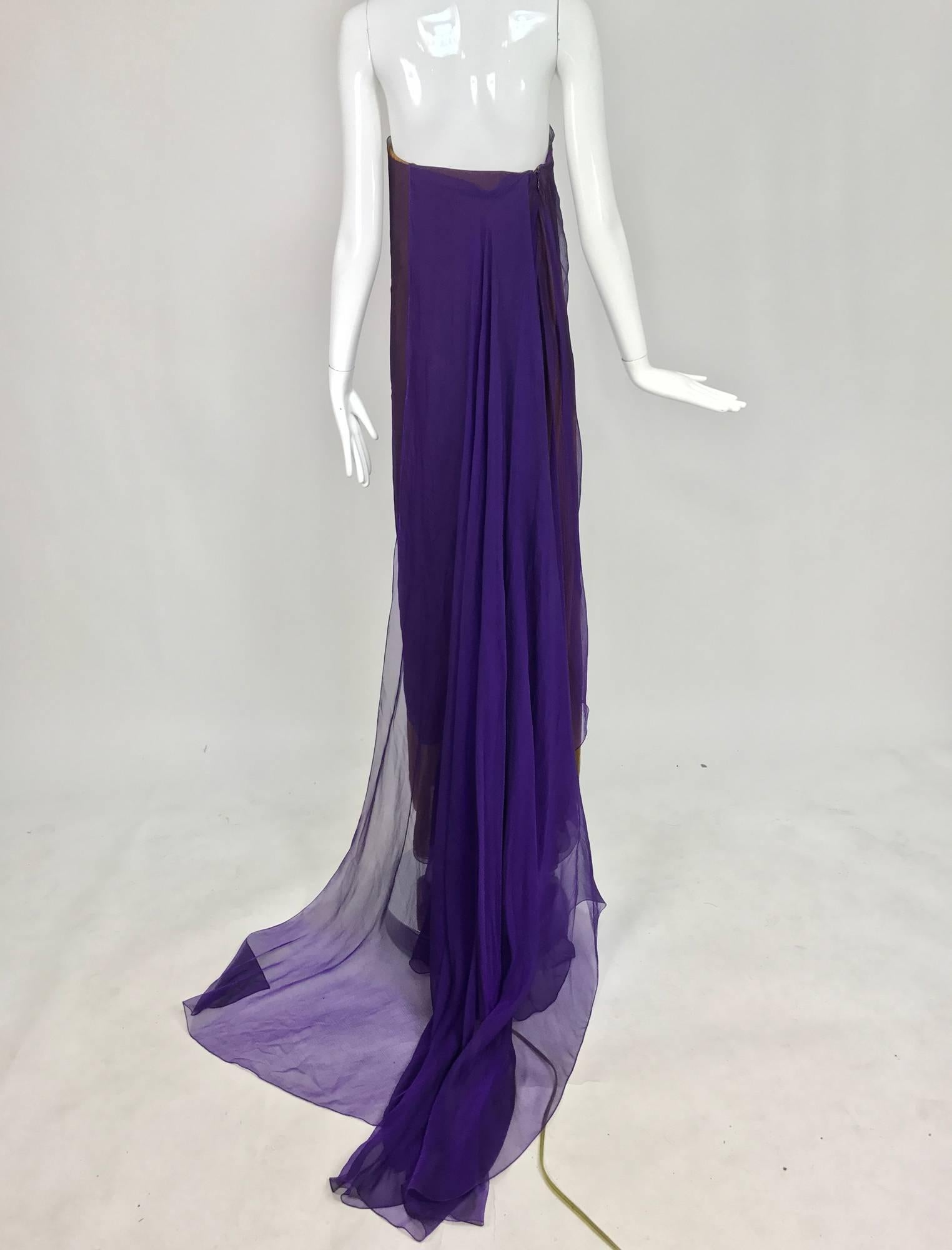 Chado Ralph Rucci Layered Iridescent Silk Chiffon Strapless Gown  In Excellent Condition For Sale In West Palm Beach, FL