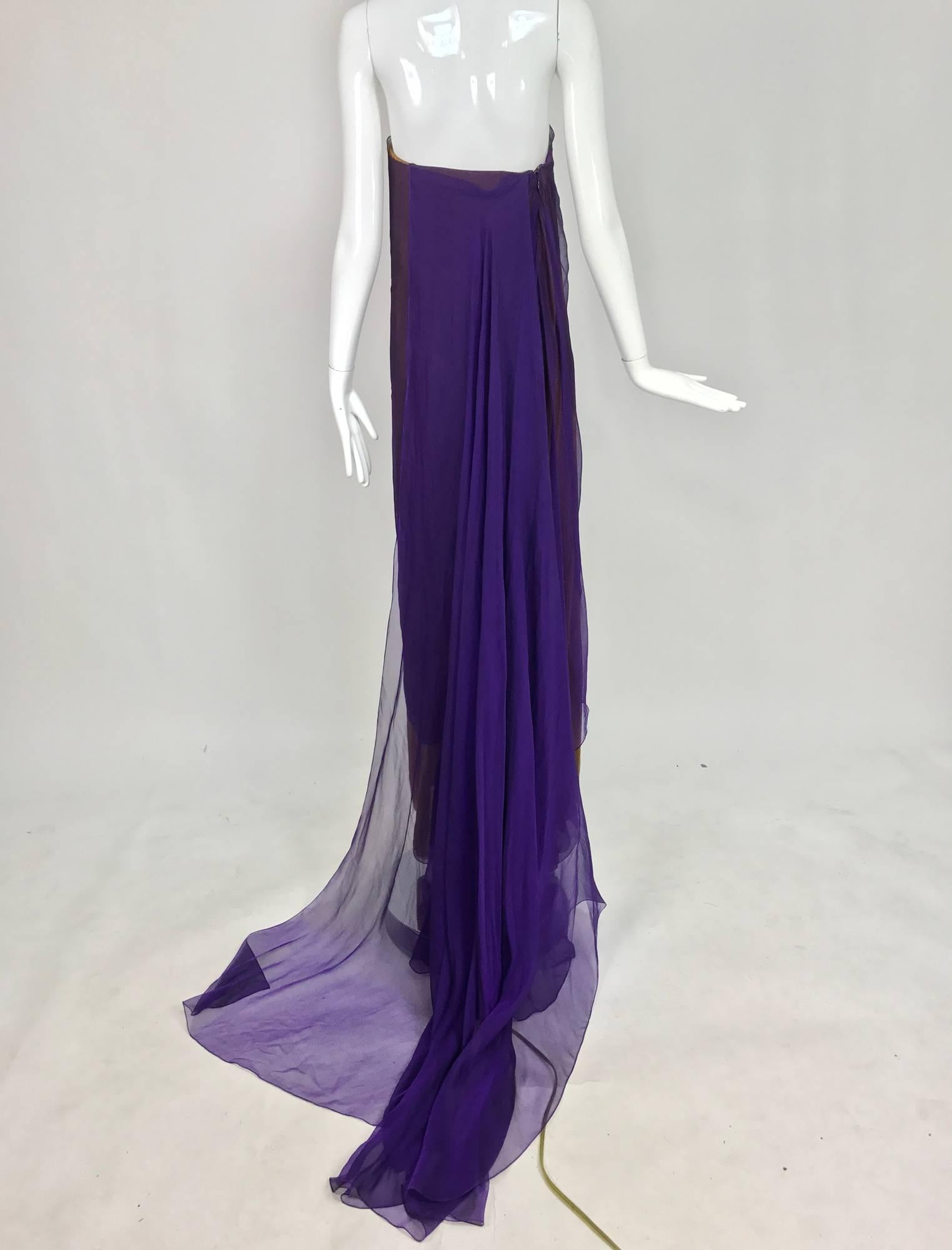Chado Ralph Rucci Layered Iridescent Silk Chiffon Strapless Gown In Excellent Condition For Sale In West Palm Beach, FL