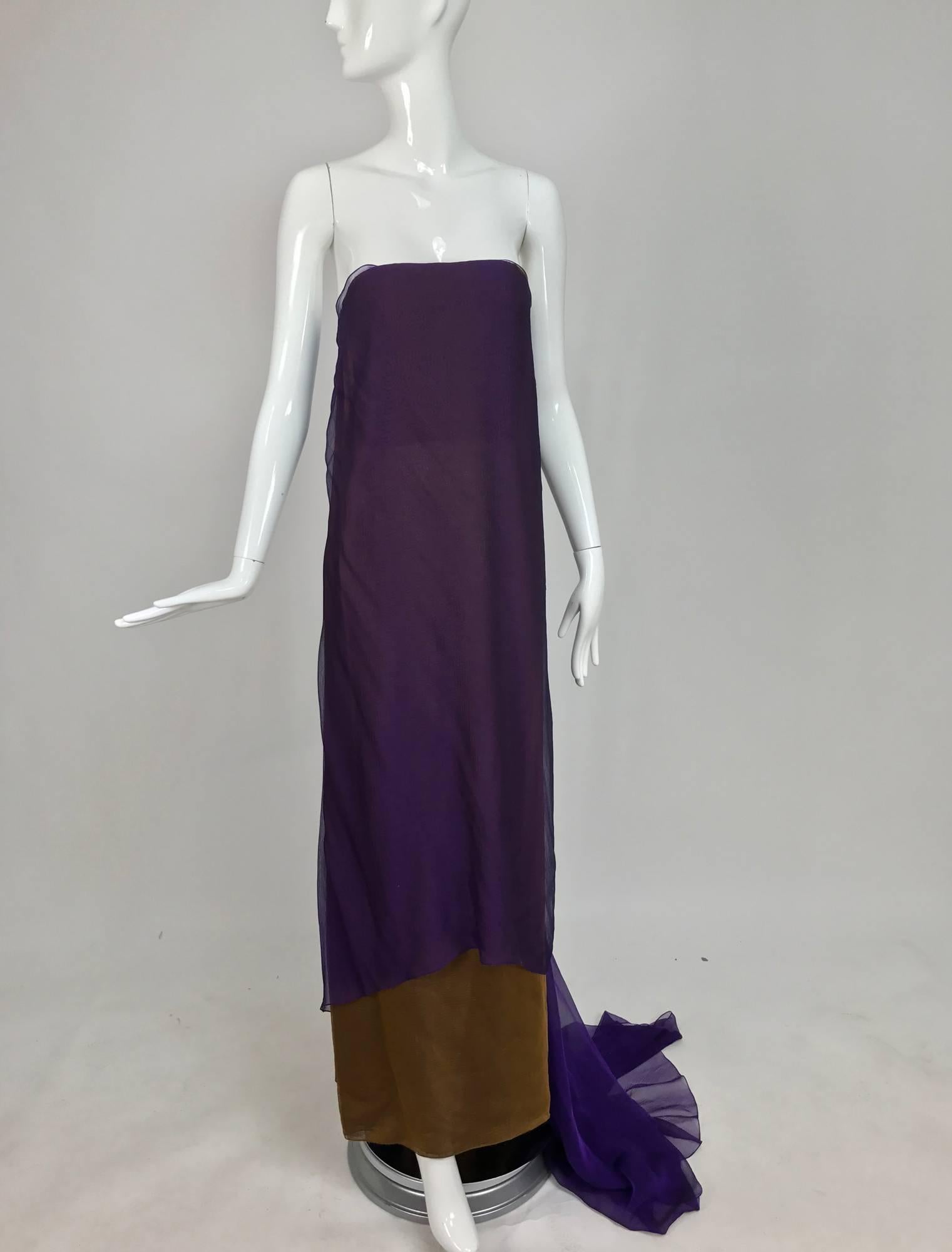 Chado Ralph Rucci Layered Iridescent Silk Chiffon Strapless Gown For Sale 1
