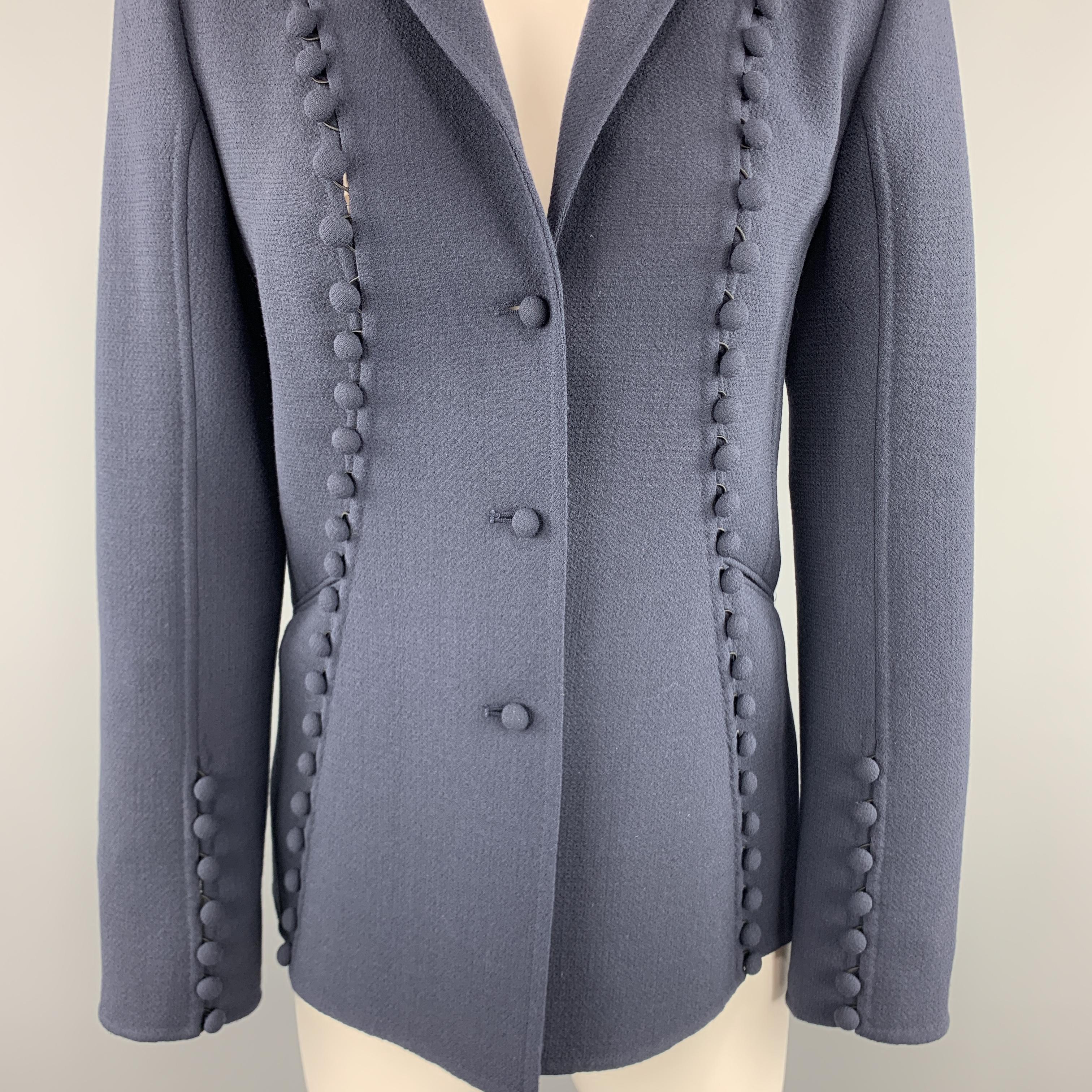 Black CHADO RALPH RUCCI Size 2 Navy Crepe Wool Button Trim Notch Lapel Jacket