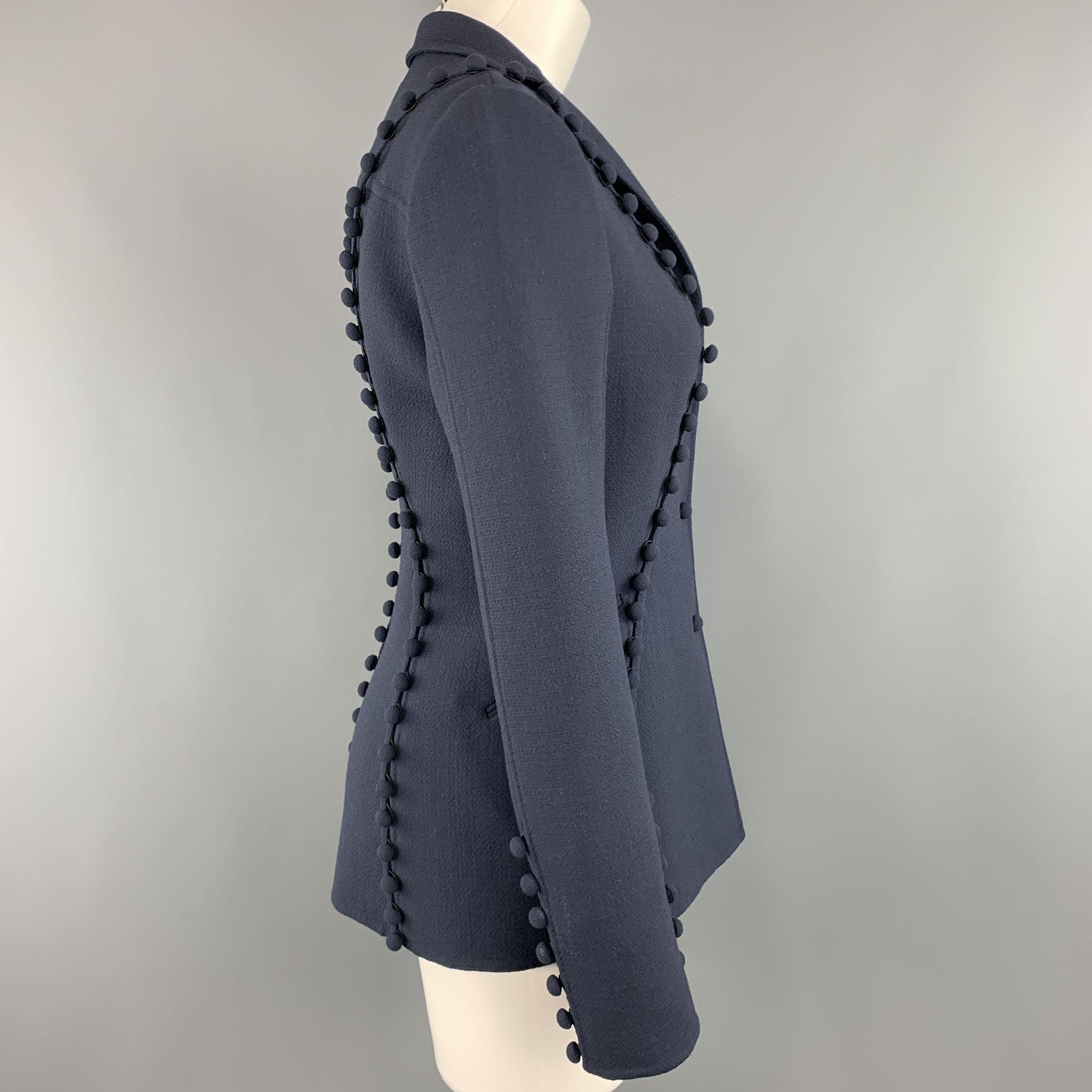 CHADO RALPH RUCCI Size 2 Navy Crepe Wool Button Trim Notch Lapel Jacket For Sale 1