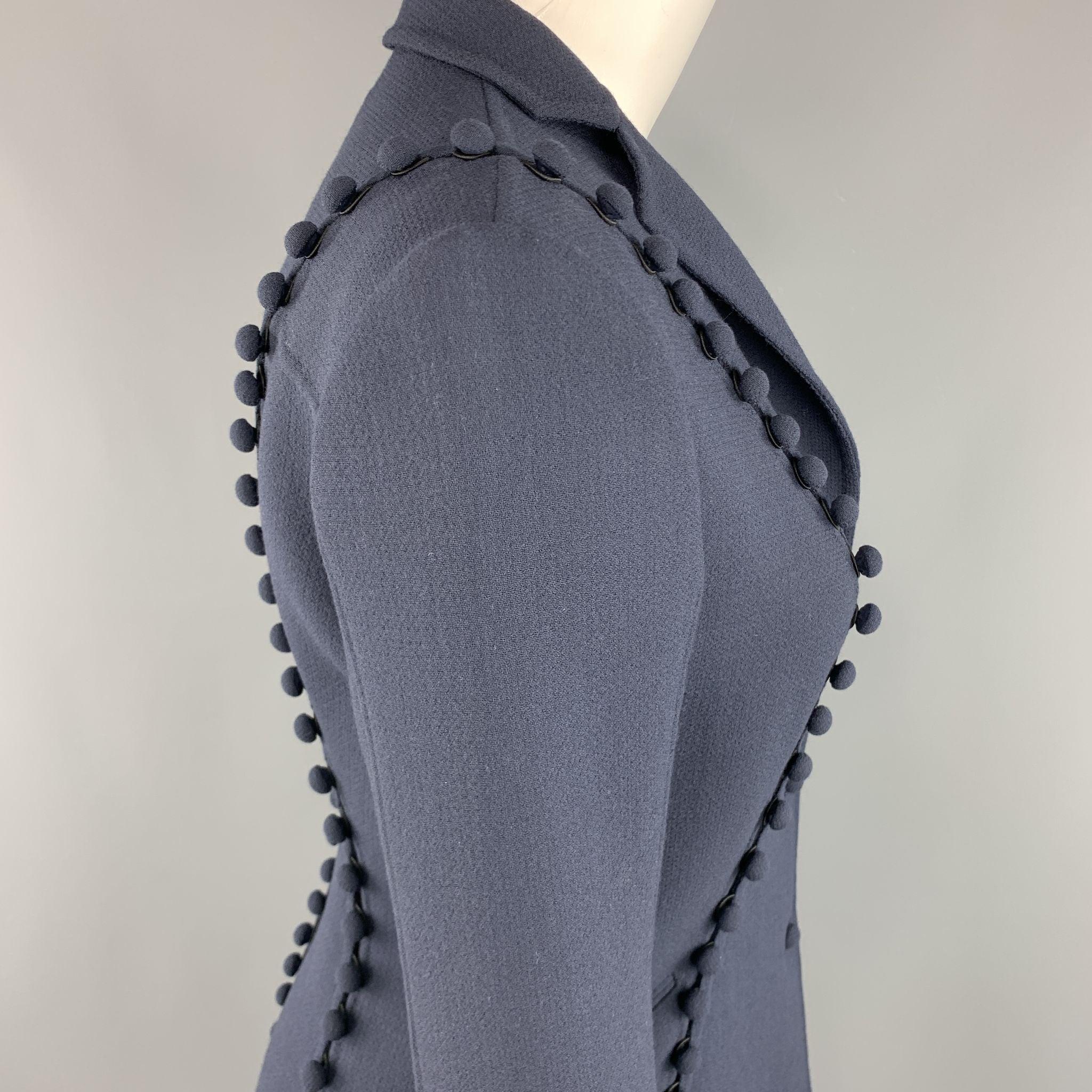 CHADO RALPH RUCCI Size 2 Navy Crepe Wool Button Trim Notch Lapel Jacket For Sale 2
