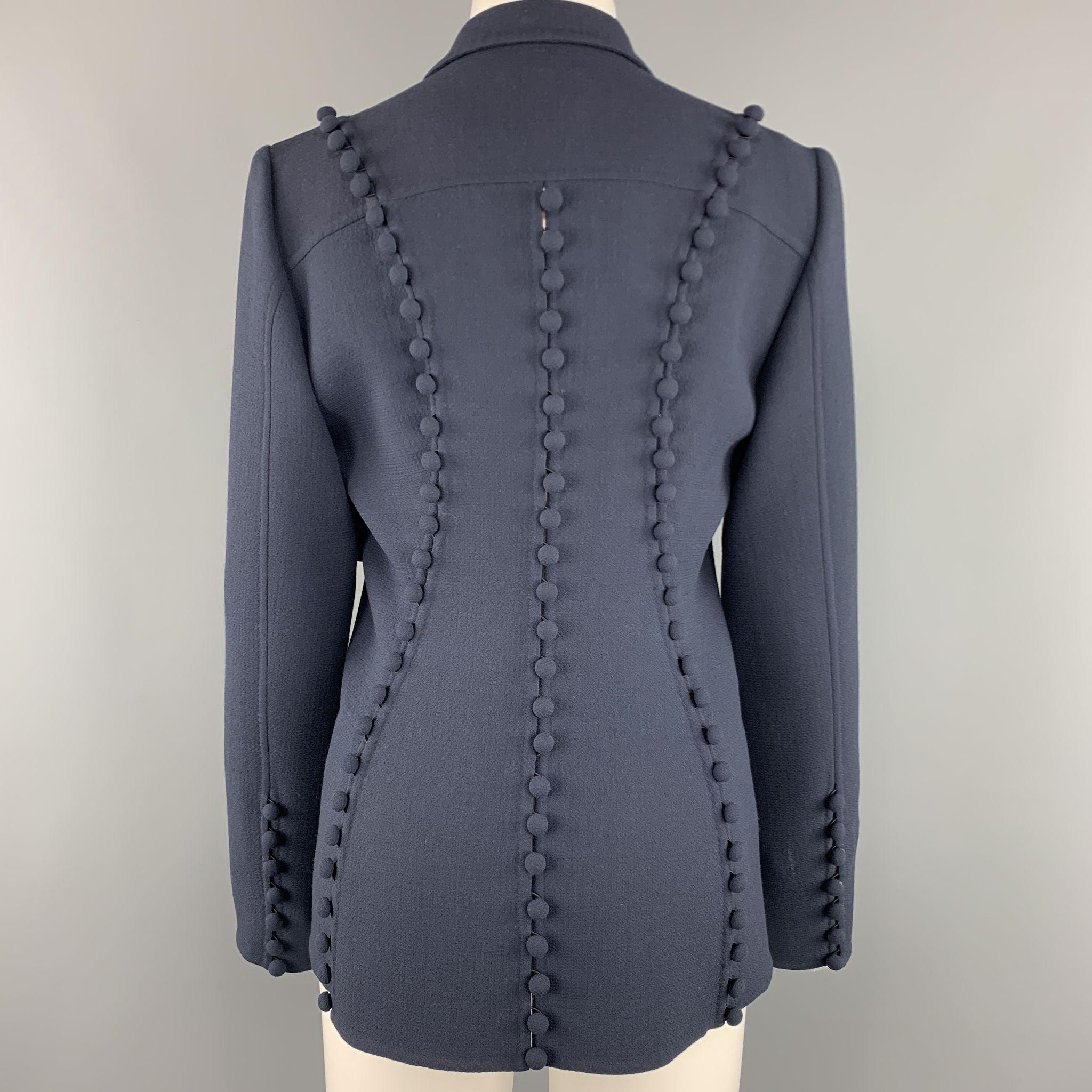CHADO RALPH RUCCI Size 2 Navy Crepe Wool Button Trim Notch Lapel Jacket For Sale 3