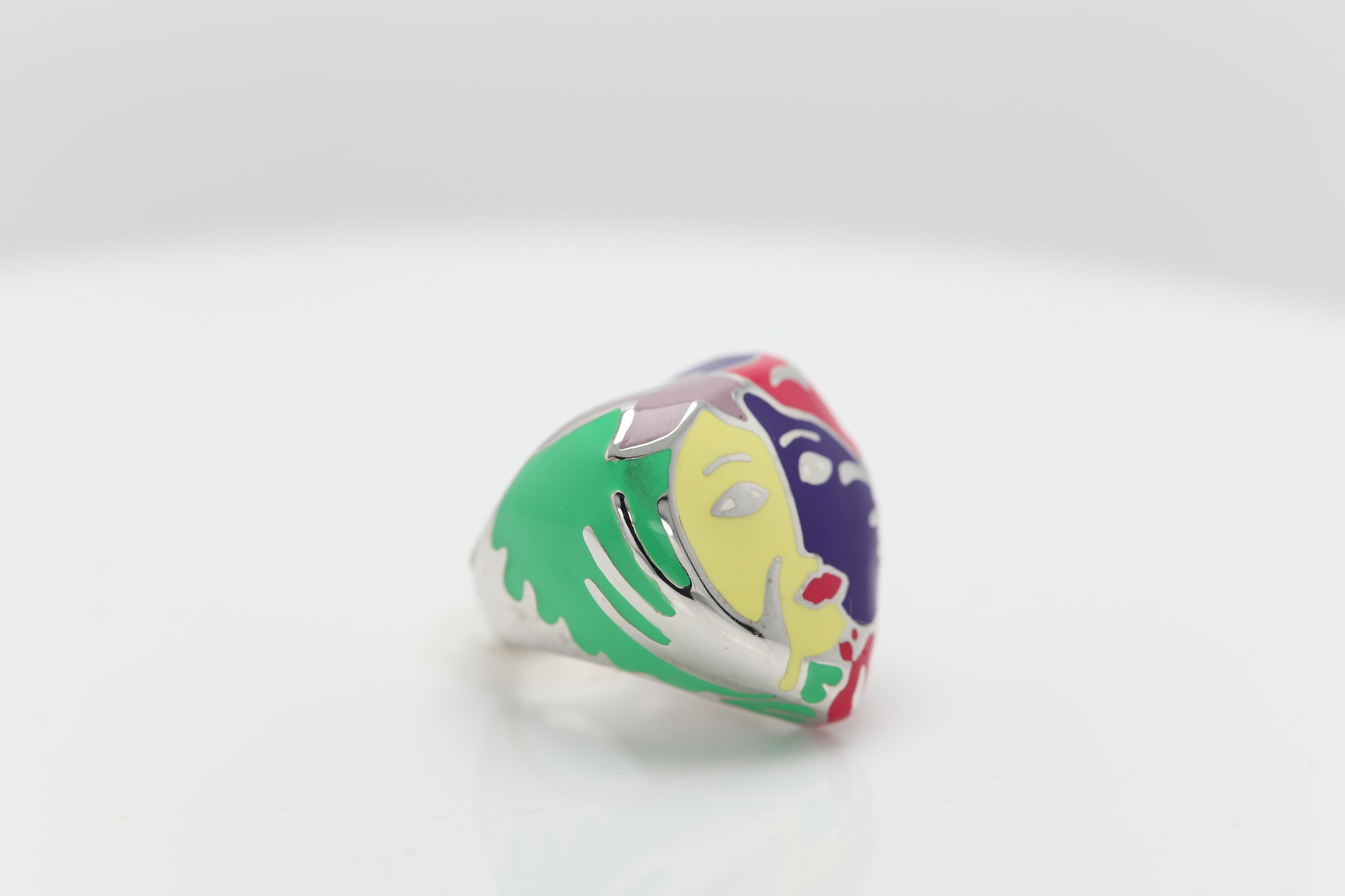 Chagall Art Inspired Ring Sterling Silver Fine Enamel Ring For Sale 4