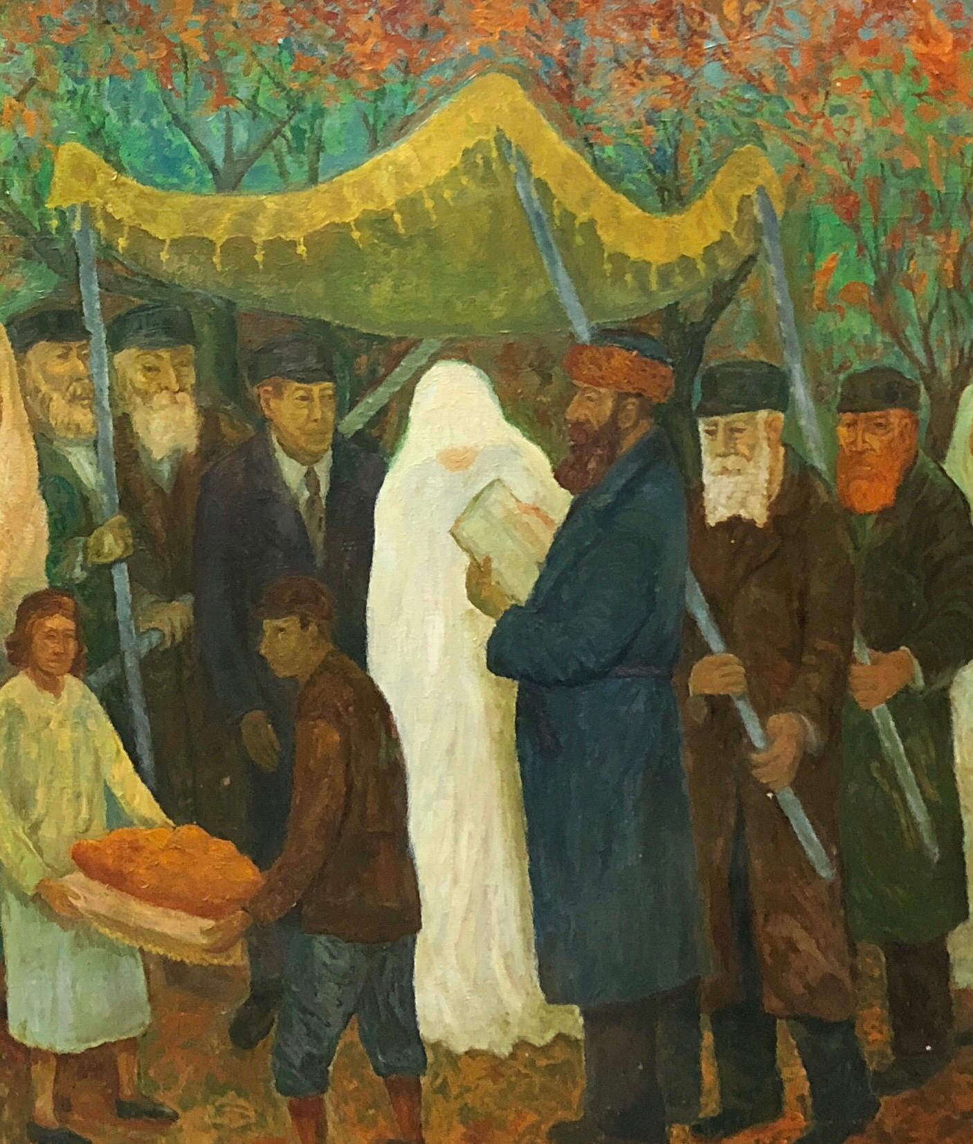 Large Judaica Oil Painting, Polish Jewish Wedding in the Shtetl Chaim Goldberg  For Sale 3