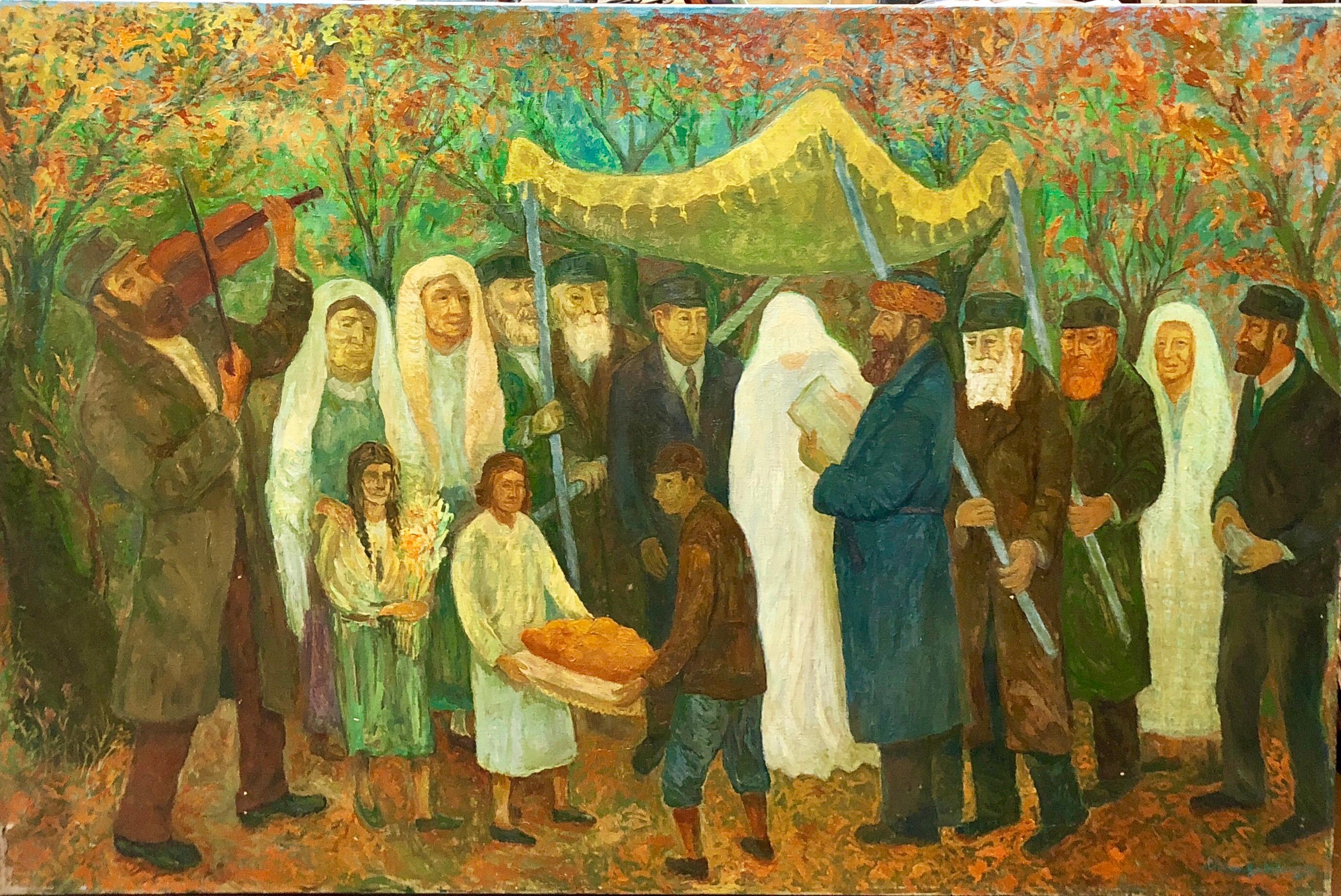 Large Judaica Oil Painting, Polish Jewish Wedding in the Shtetl Chaim Goldberg  For Sale 4