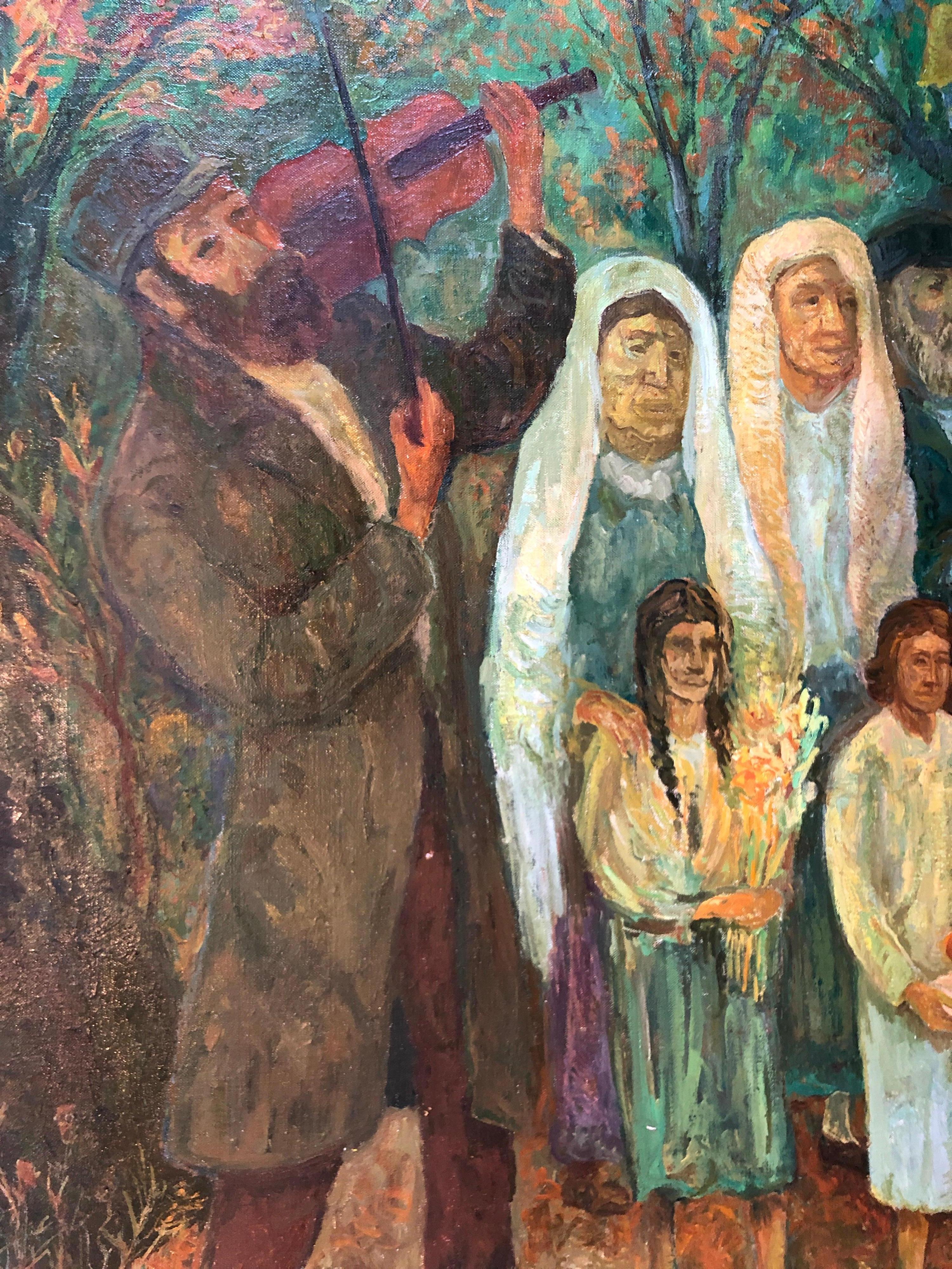 Large Judaica Oil Painting, Polish Jewish Wedding in the Shtetl Chaim Goldberg  For Sale 5