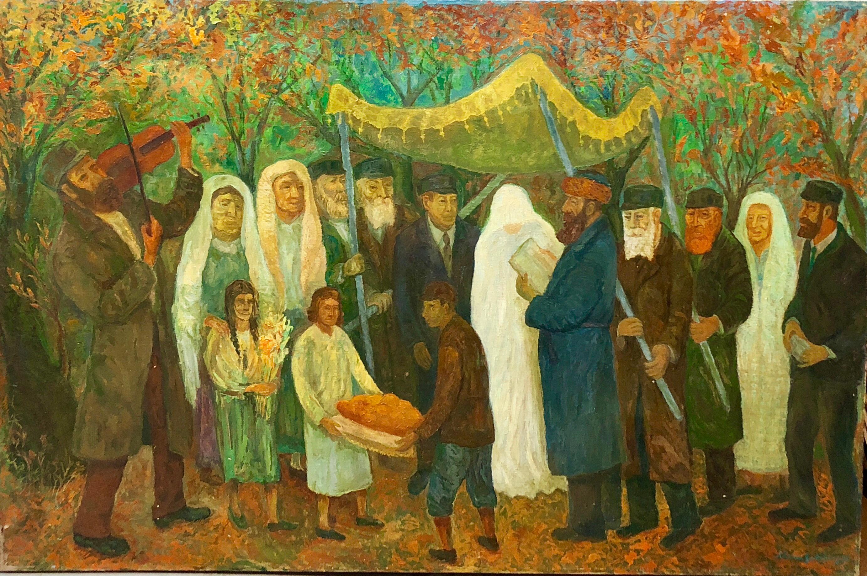 Chaïm Goldberg Figurative Painting - Large Judaica Oil Painting, Polish Jewish Wedding in the Shtetl Chaim Goldberg 