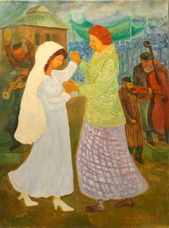 Danse de mariée de mère fille, grande peinture à l'huile judaïque, vie de Shtetl