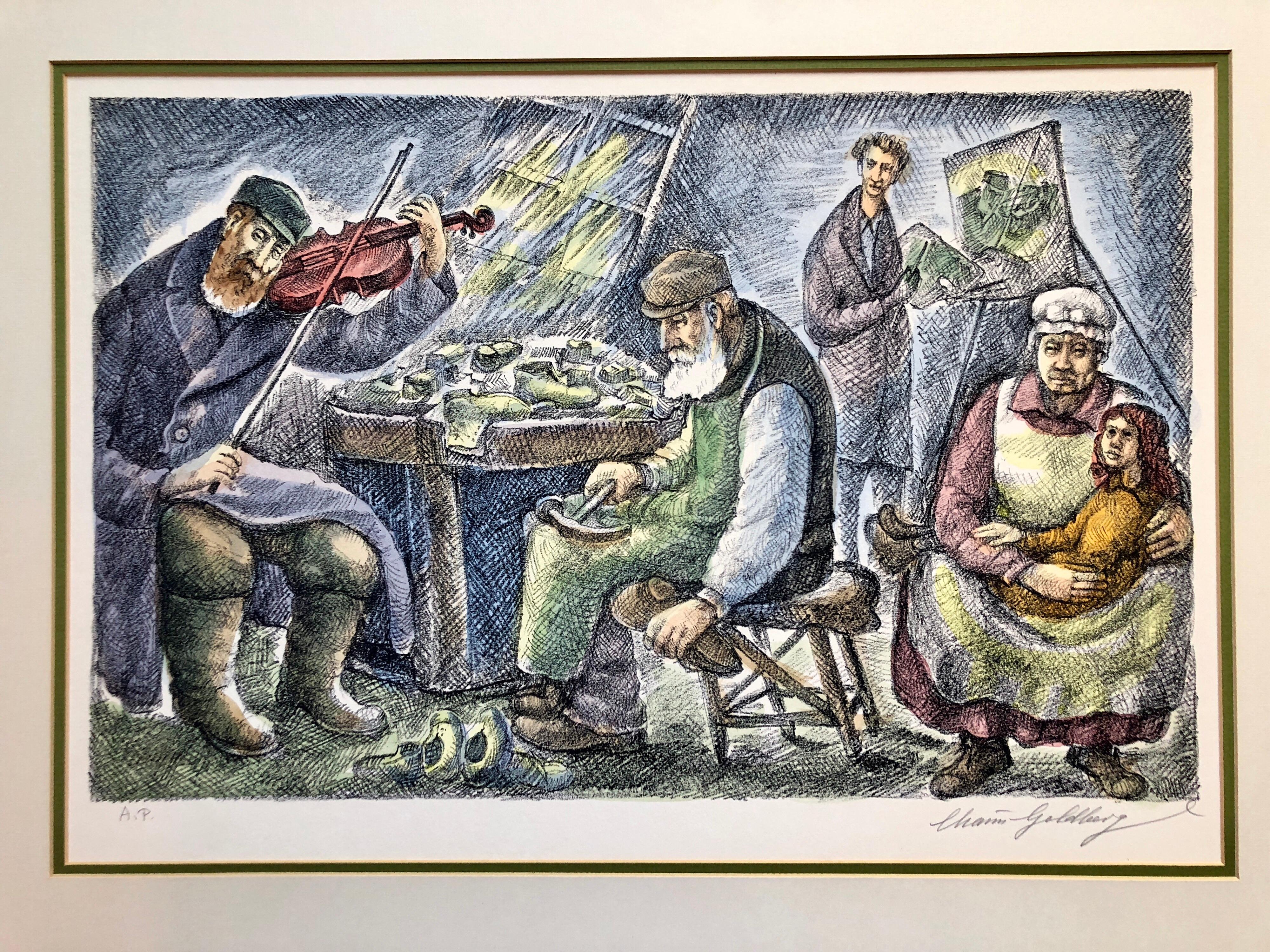 Judaica Lithograph Shtetl Interior Scene Etching Jewish Fiddler and Cobbler - Post-Impressionist Print by Chaïm Goldberg