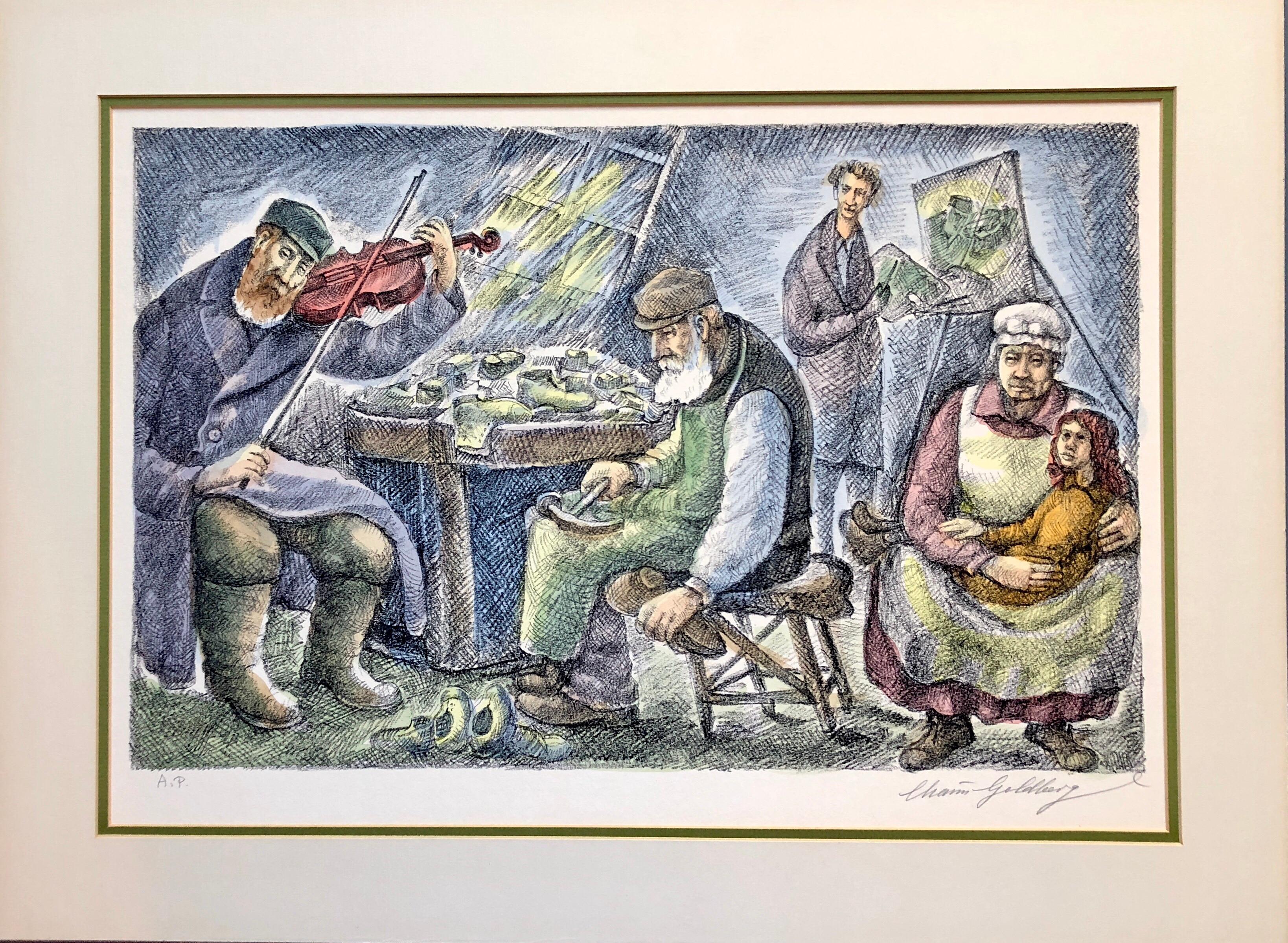 Judaica Lithograph Shtetl Interior Scene Etching Jewish Fiddler and Cobbler 1