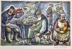 Lithographie judaïque de Shtetl représentant une scène d'intérieur, gravure d'un cavalier et d'un galet juif