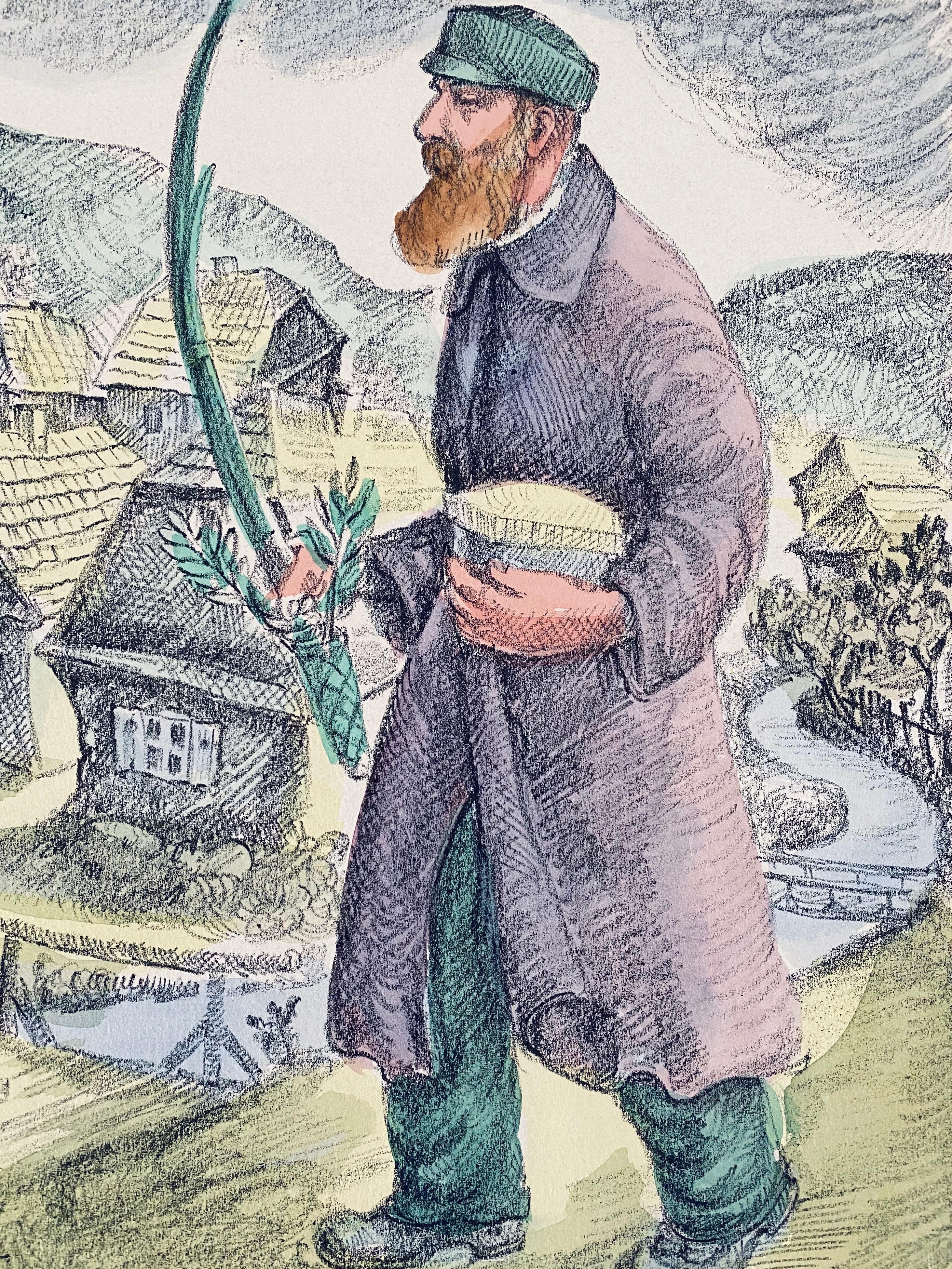 Judaica Lithographie mit handgemaltem Aquarell Shtetl Sukkot Urlaubsszene Radierung  (Braun), Figurative Print, von Chaïm Goldberg