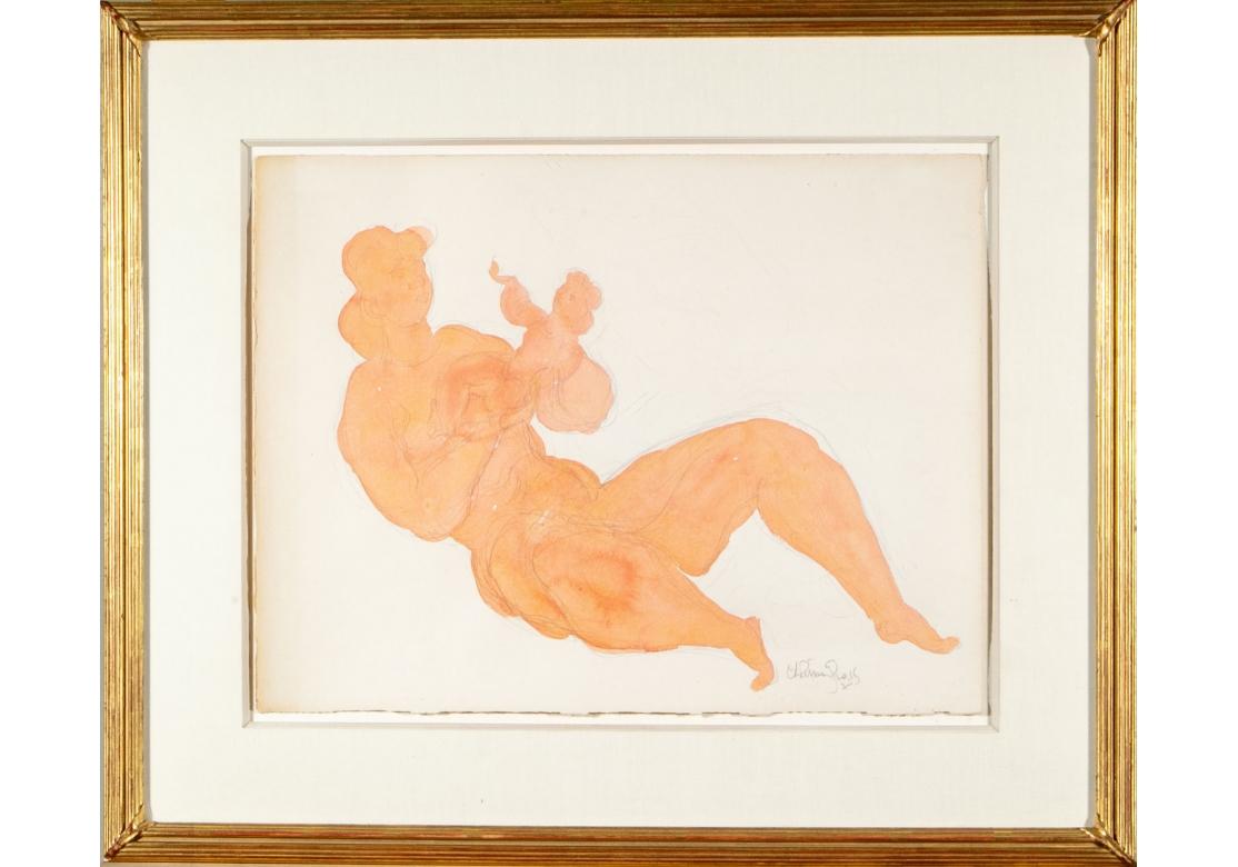 A pencil drawing with peach tone watercolor on paper. A reclining mother plays with her baby held up in her arms. Pencil signed lower right. full paper 14 1/2 x 19