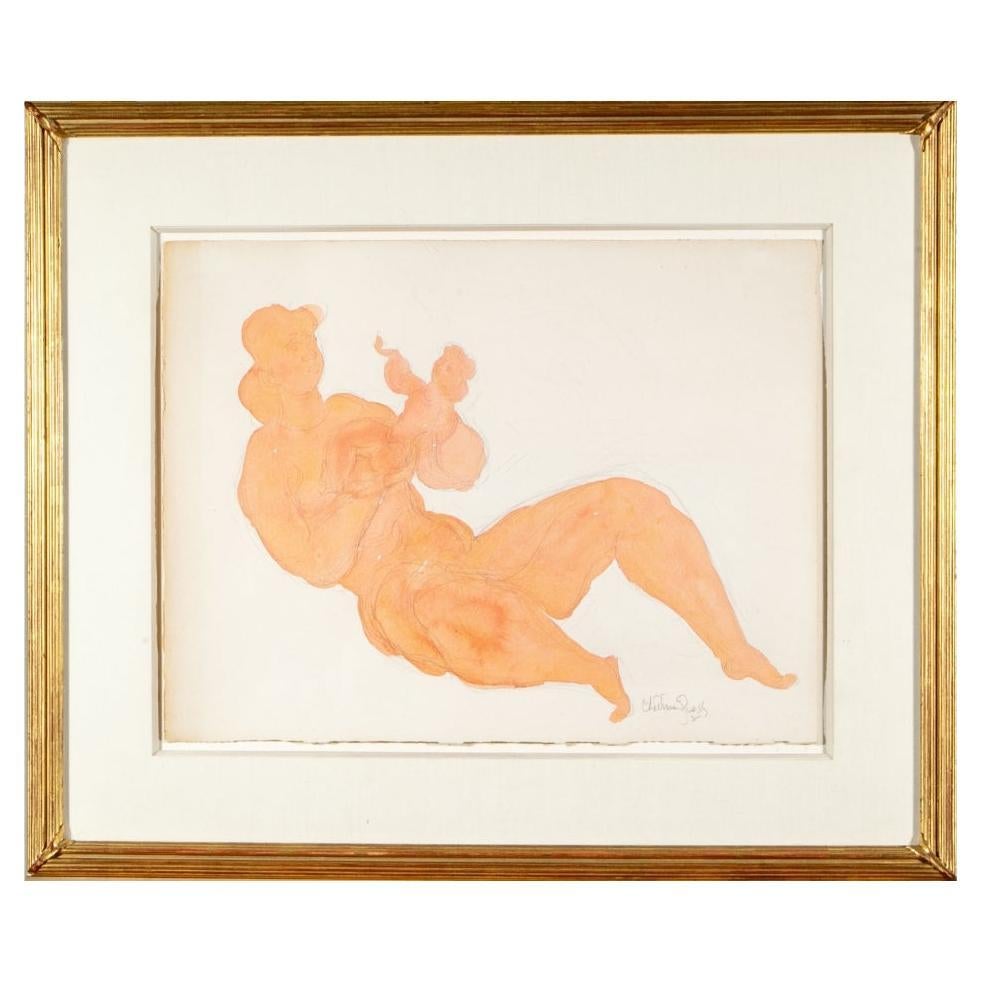 Chaim Gross 'Am., 1904-1991' Pencil and Watercolor on Paper, Mother and Baby For Sale