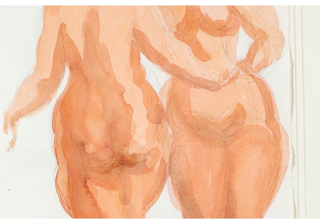 Graphite and wash drawing, study of a pair of female nudes.
Pencil signed lower right. Two heavy set female nudes with their hair up in a pretty peach tone wash. 
Full paper 20 x 11 3/4