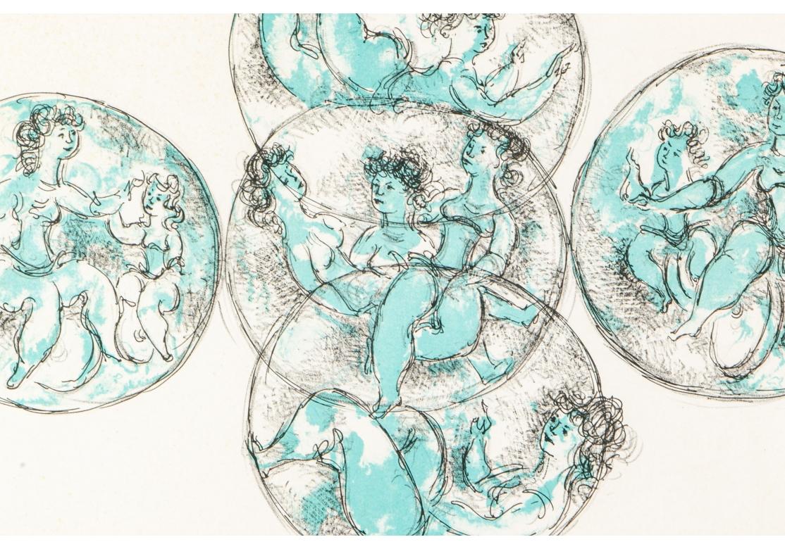 Limited edition lithograph depicting children and female figures within five spheres.
Presented in a leaf, vine and rose embossed design, superimposed on mat, glazed.
Pencil numbered 68/165 lower left with blind stamp
Titled lower center.
Pencil