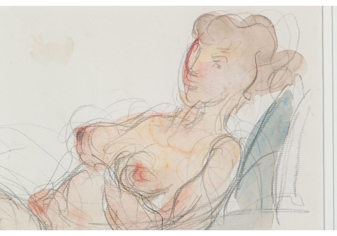 A lovely rendering of a reclining female nude on a daybed. A classic Chaim Gross female nude with ample proportions. The figure in pink with gray tone hair and blue wash on the bed.
pencil signed and dated 1987 lower right
sight 10 1/2 x 17