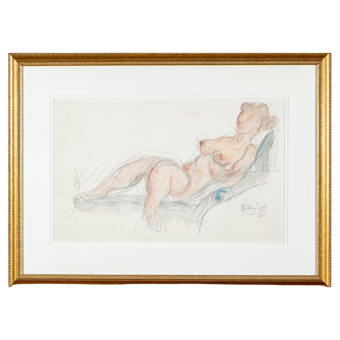 Chaim Gross 'Austrian/Am., 1904-1991' Pencil And Wash On Paper, Reclining Nude For Sale