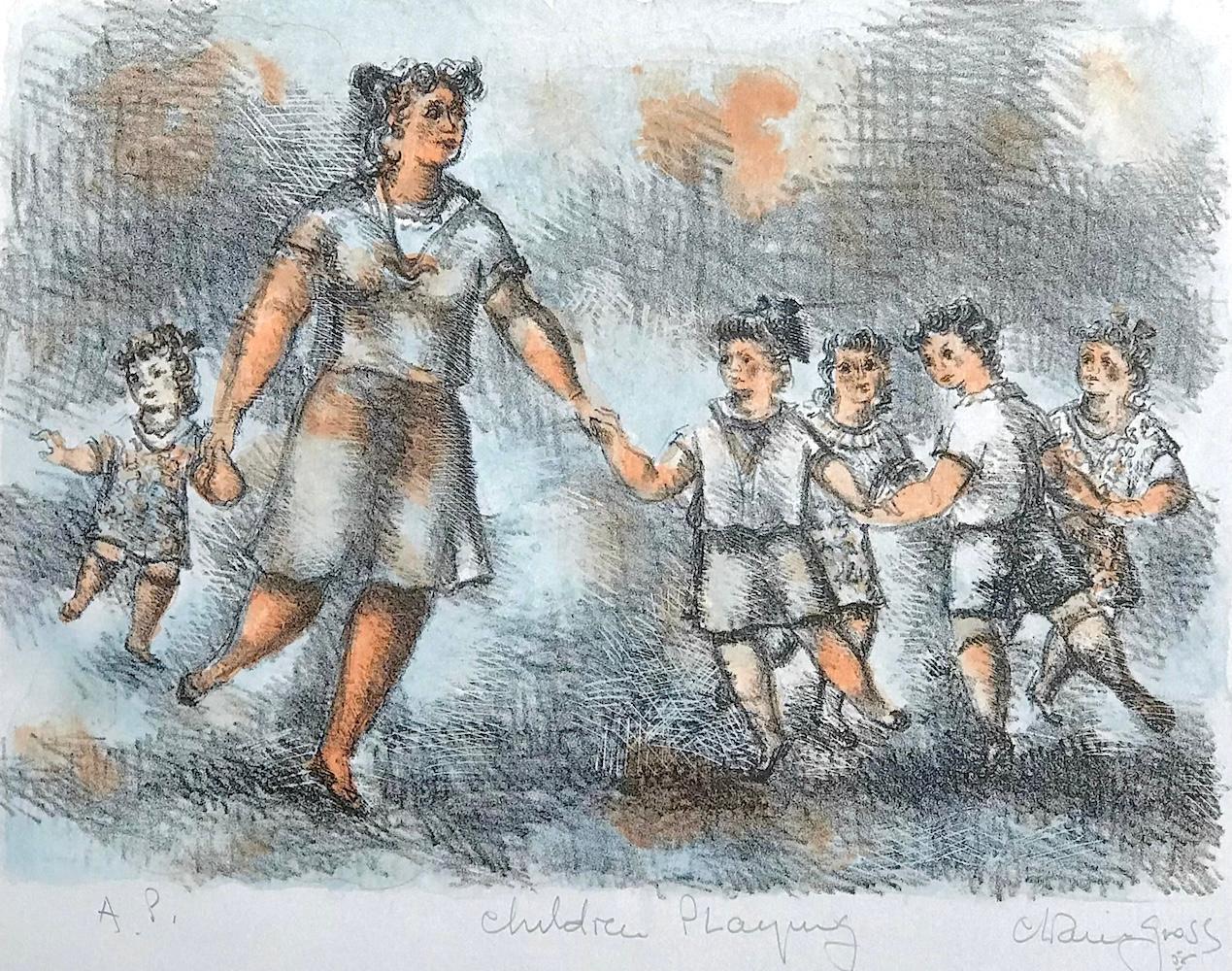 CHILDREN PLAYING Signed Lithograph, Woman and Children Playing, Playground - Gray Figurative Print by Chaim Gross