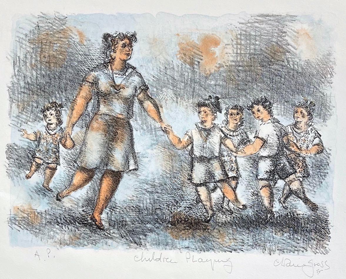 Chaim Gross Figurative Print - CHILDREN PLAYING Signed Lithograph, Woman and Children Playing, Playground