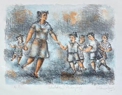CHILDREN PLAYING Signed Lithograph, Woman and Children Playing, Playground