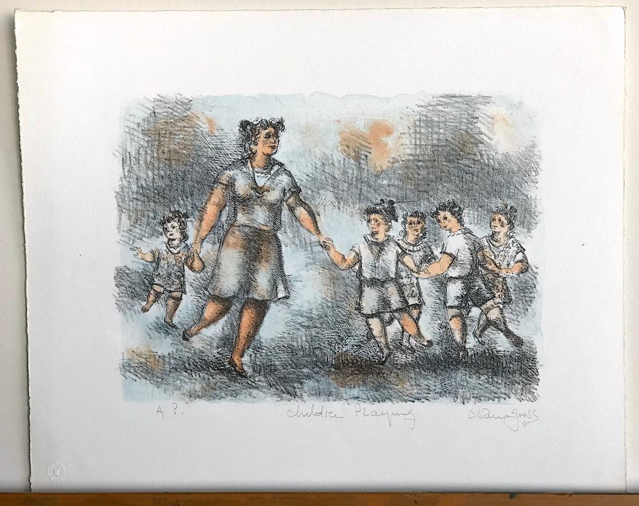 CHILDREN PLAYING, is an original hand drawn, stone lithograph by the American artist/sculptor Chaim Gross. CHILDREN PLAYING is a sensitive figurative composition depicting a woman with a group of young children playing together. CHILDREN PLAYING was