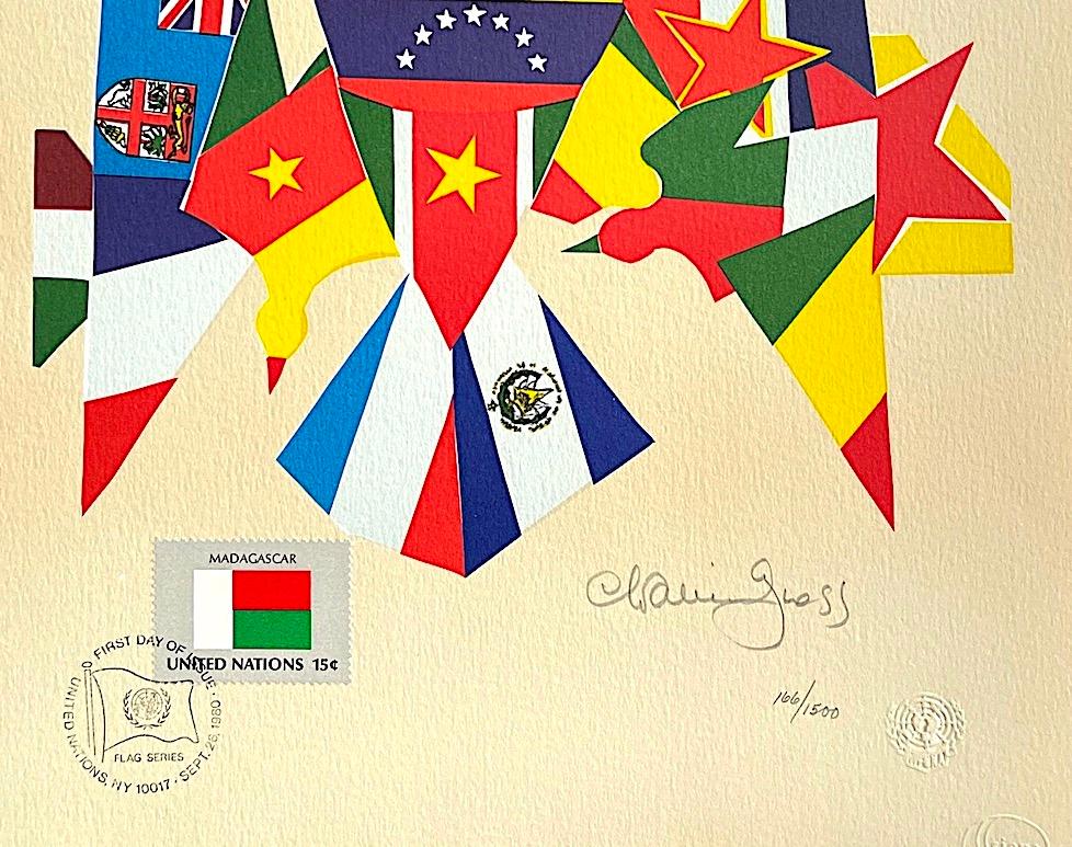 FLAG SERIES - Lithographie signée de 1980 - Collage de drapeaux colorés, estampille de Madagascar, oiseaux - Print de Chaim Gross