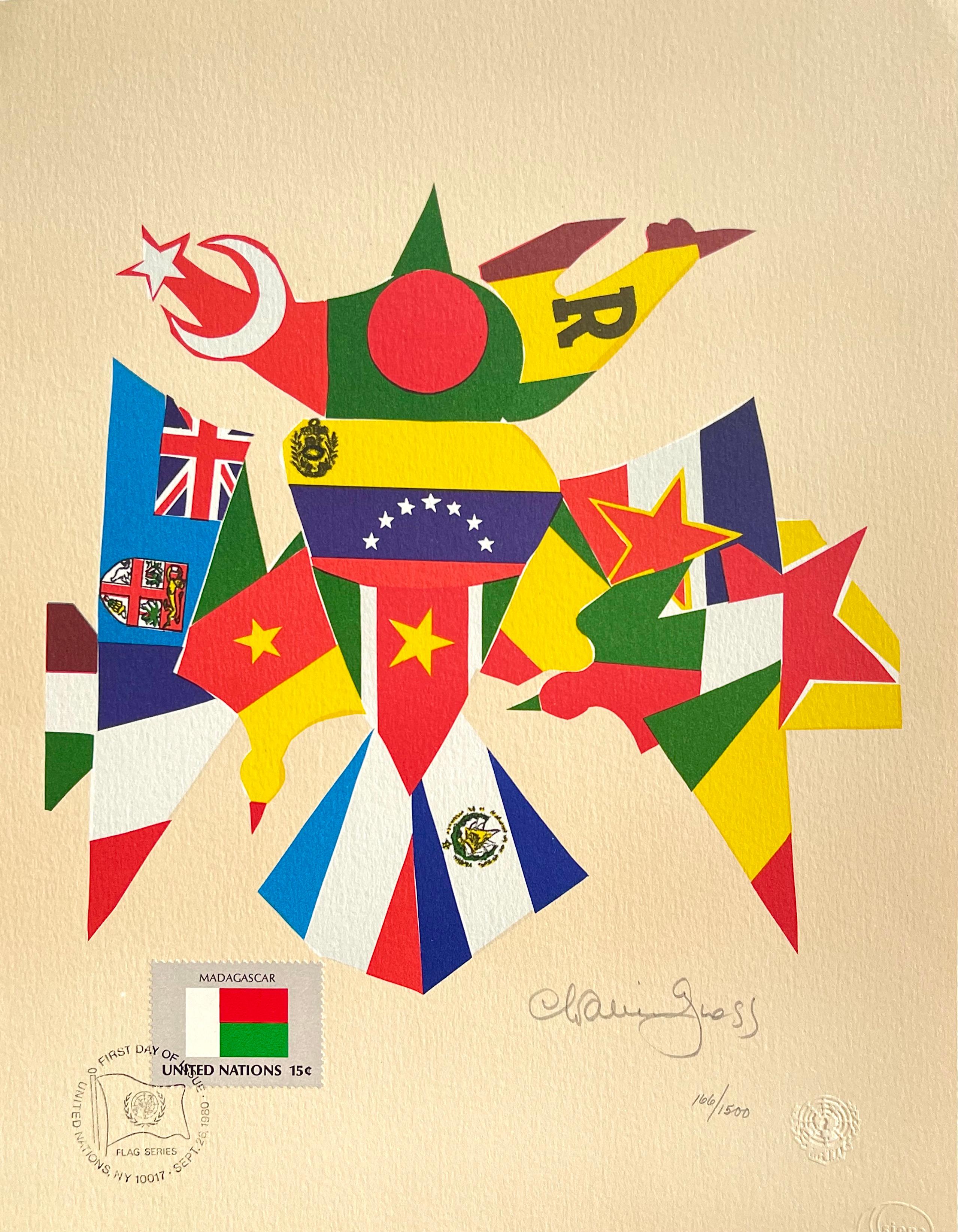 FLAG SERIES 1980 is a brightly colored lithograph by the American artist/sculptor Chaim Gross printed in 10 colors on archival Arches printmaking paper. FLAG SERIES 1980 depicts a bold graphic image comprised of colorful flag segments intermixed to