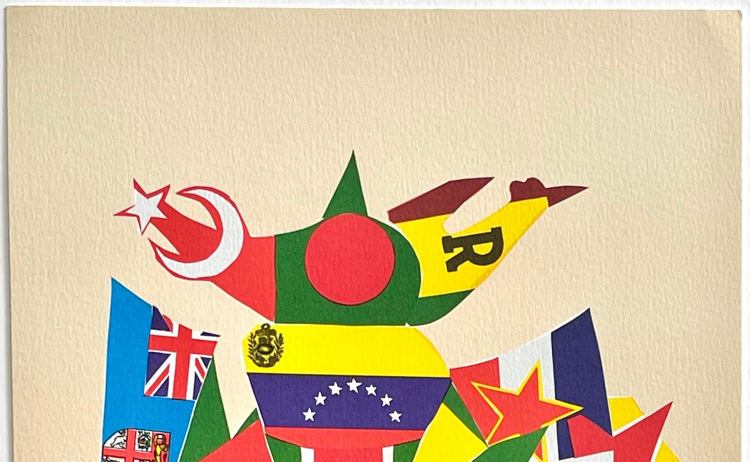 SERIE DE BANDERAS 1980 es una litografía de vivos colores del artista y escultor estadounidense Chaim Gross impresa en 10 colores sobre papel de impresión Arches de archivo. La SERIE BANDERA 1980 representa una audaz imagen gráfica compuesta por