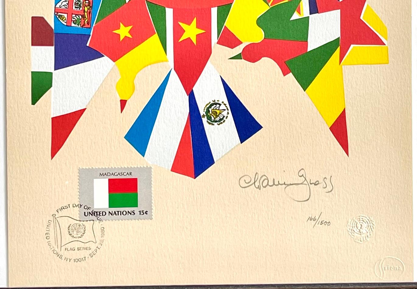 SERIE BANDERA 1980 Litografía firmada Collage de banderas de colores Sello de Madagascar, Pájaros en venta 1
