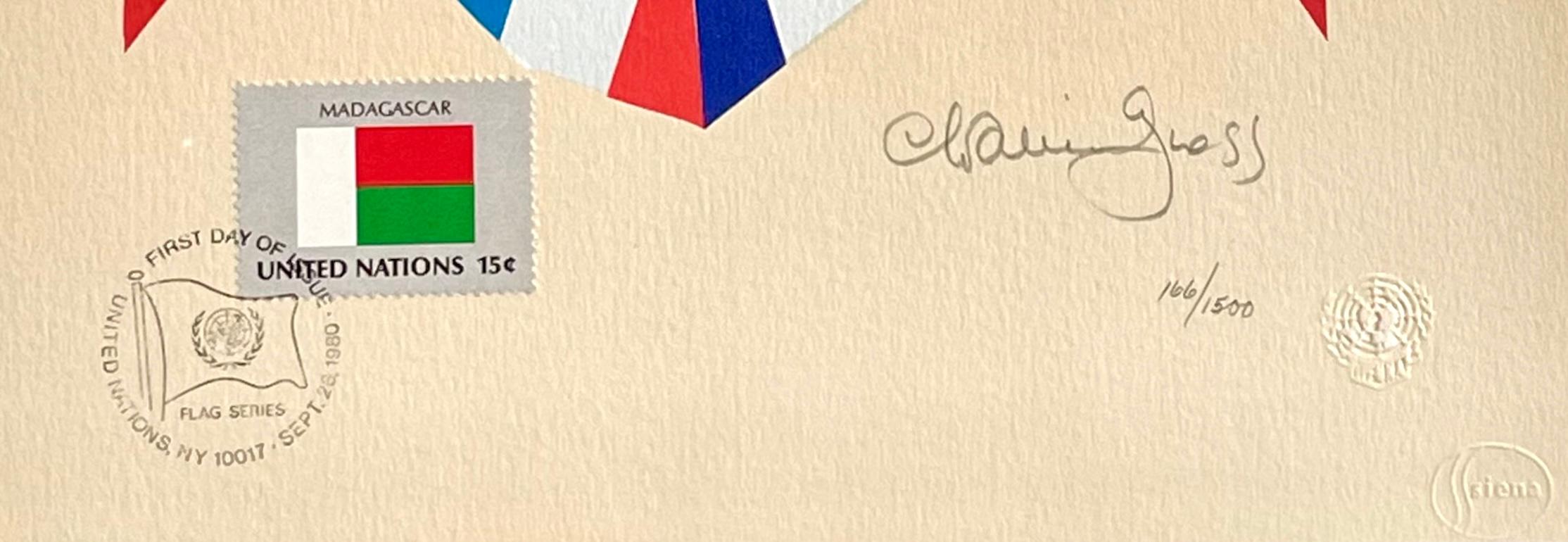 SERIE BANDERA 1980 Litografía firmada Collage de banderas de colores Sello de Madagascar, Pájaros en venta 2