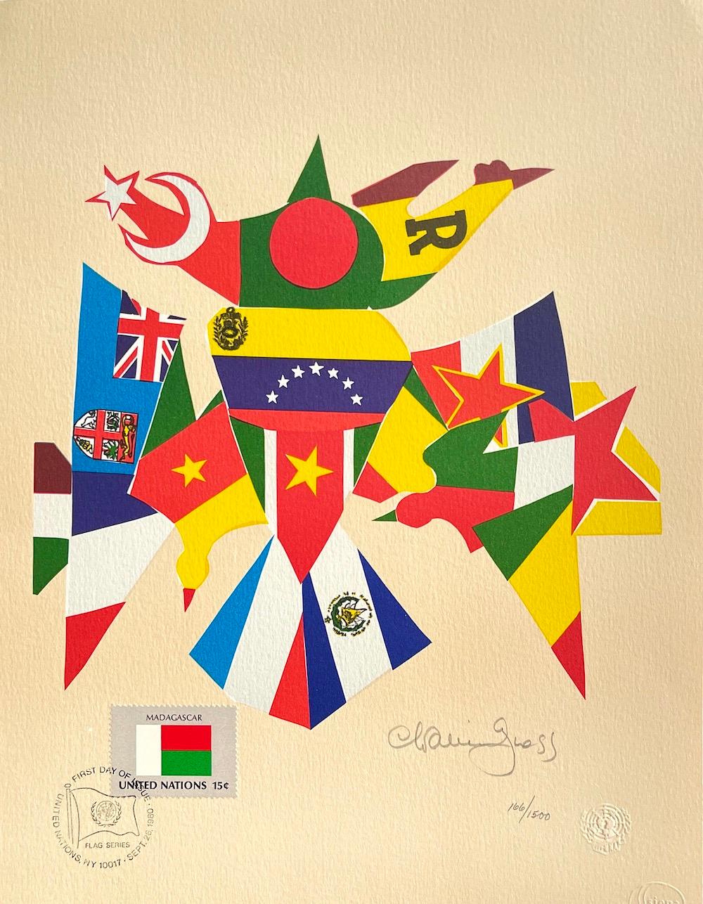 FLAG SERIES 1980 Signierte Lithographie Bunte Flagge Collage Madagaskar Stempel, Vögel