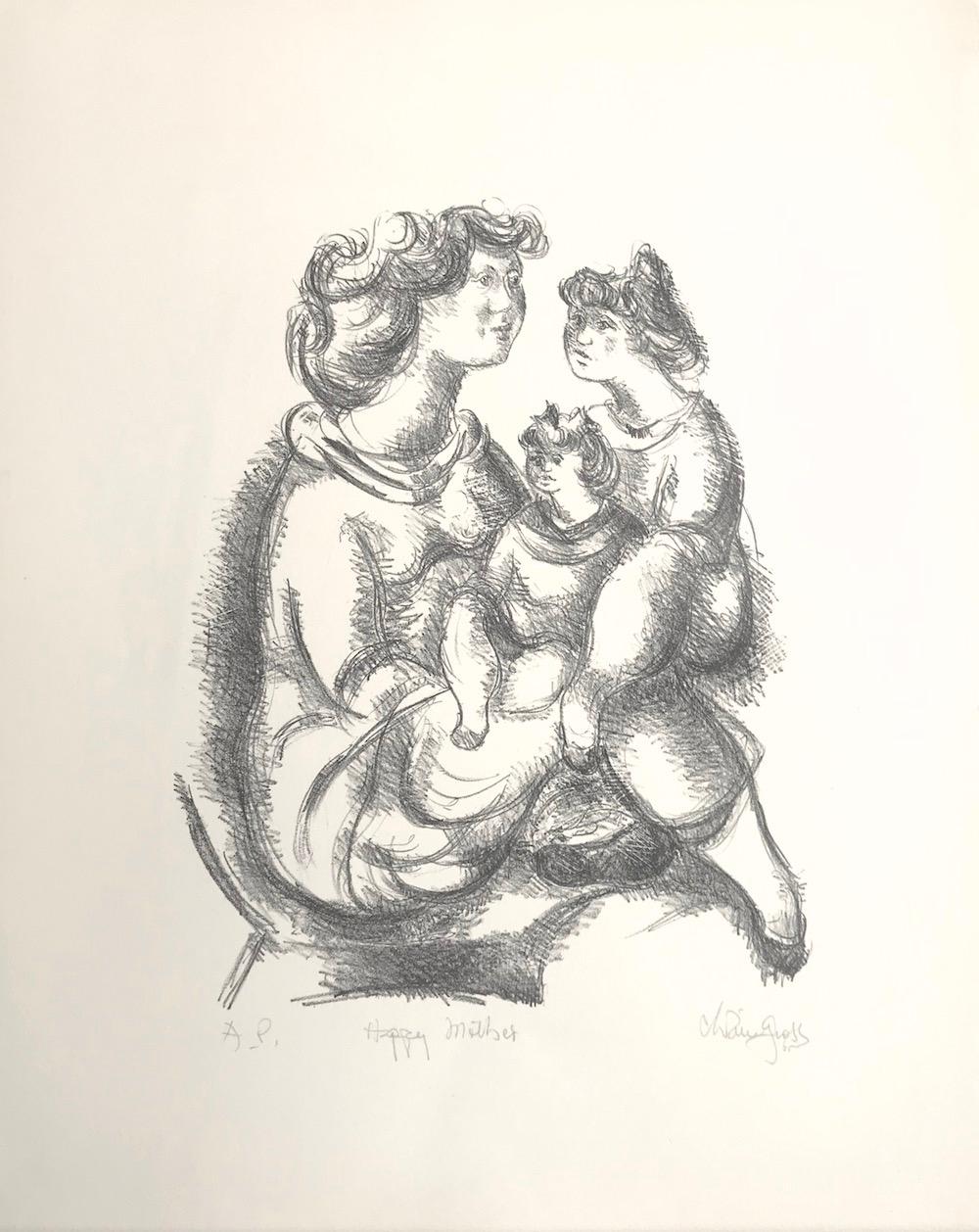 HAPPY MOTHER, signierte Steinlithographie, handgezeichnetes Porträt Mutter und Tochter mit Kind, Stein  (Zeitgenössisch), Print, von Chaim Gross