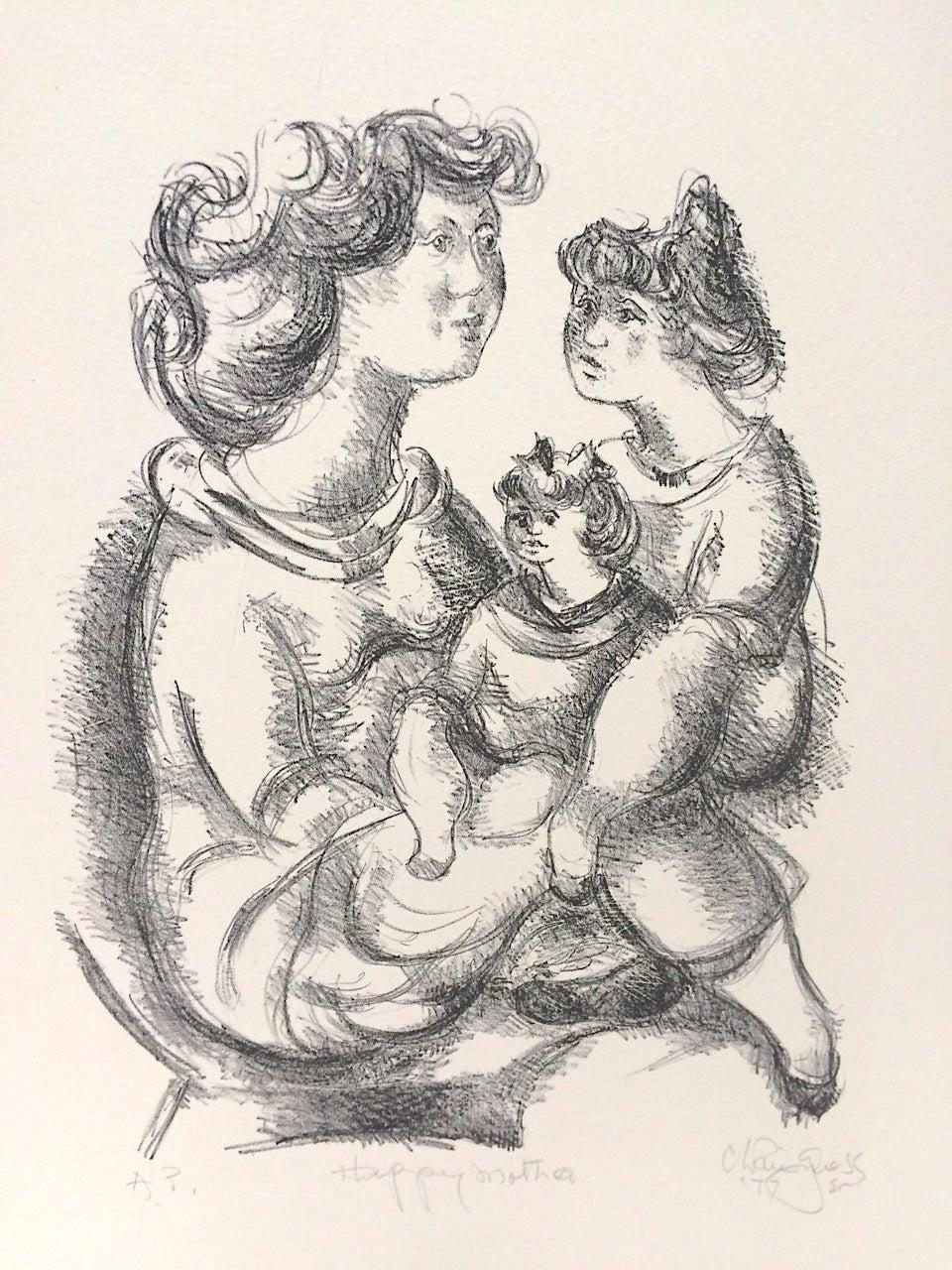 HAPPY MOTHER Signed Stone Lithograph, Hand Drawn Portrait Mother and Daughters  - Print by Chaim Gross
